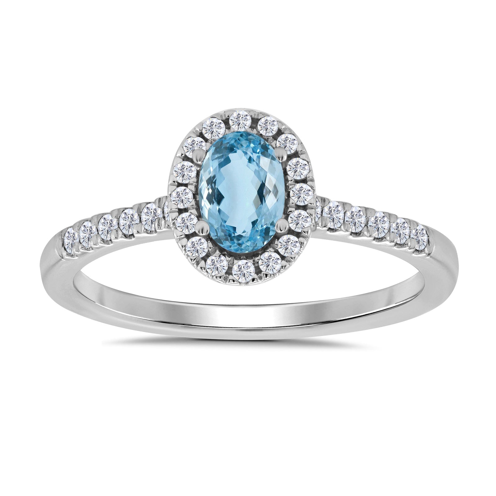 9ct white gold 6x4mm oval aquamarine & diamond cluster ring with diamond shoulders 0.20ct