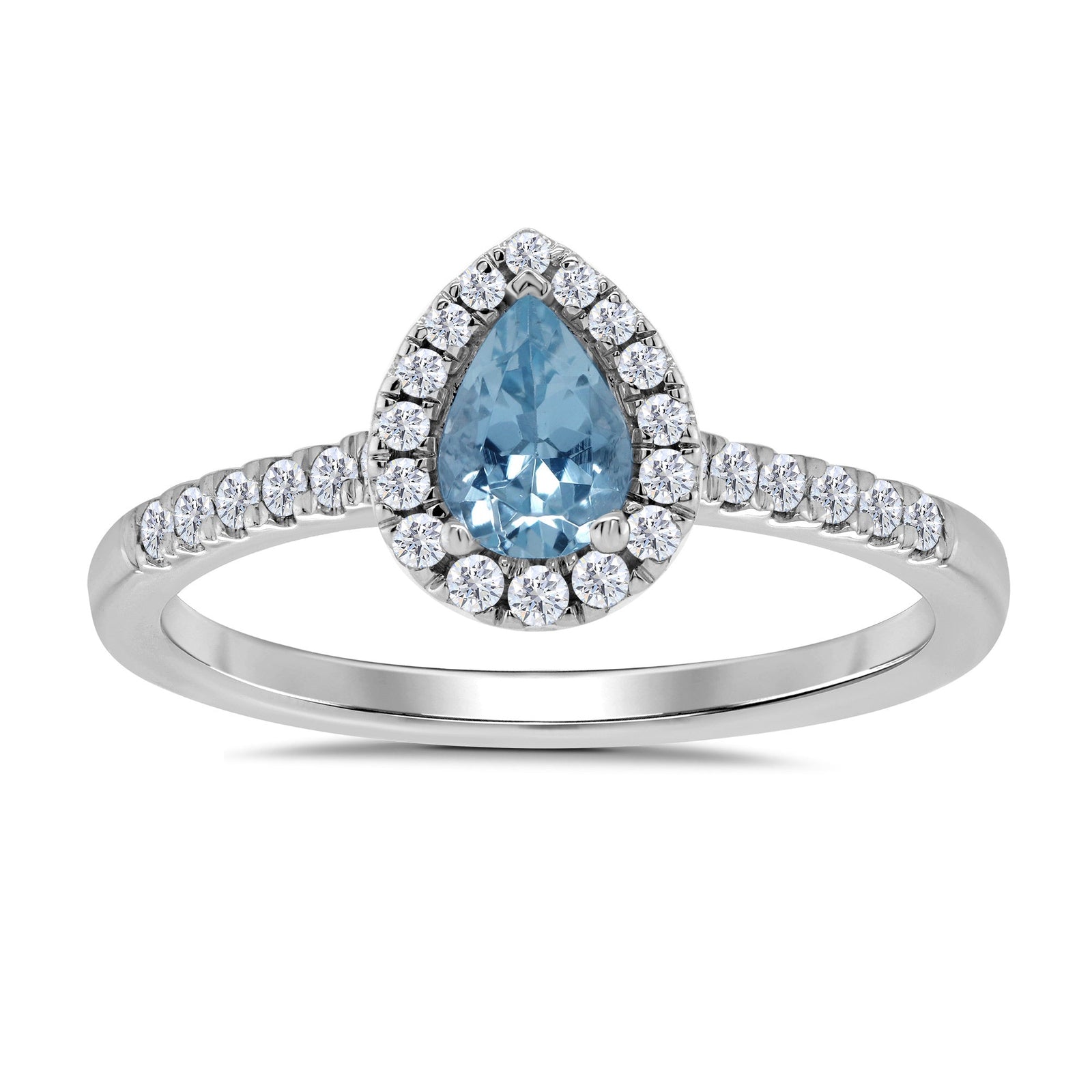 9ct white gold 6x4mm pear shape aquamarine & diamond cluster ring with diamond shoulders 0.20ct