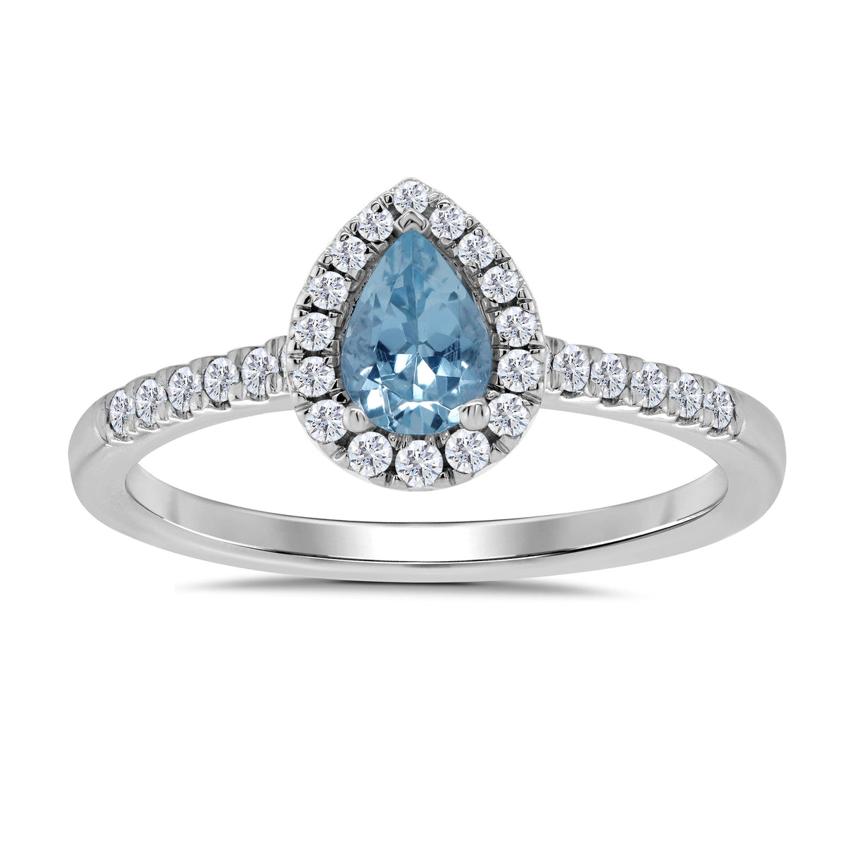 9ct white gold 6x4mm pear shape aquamarine &amp; diamond cluster ring with diamond shoulders 0.20ct