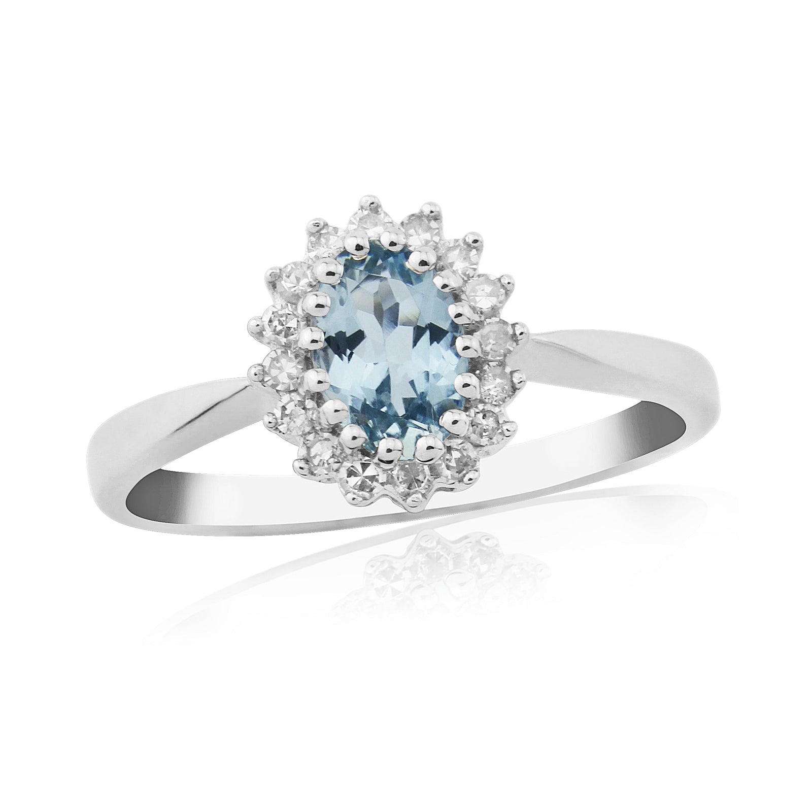 9ct white gold 6x4mm oval aquamarine & diamond cluster ring 0.12ct