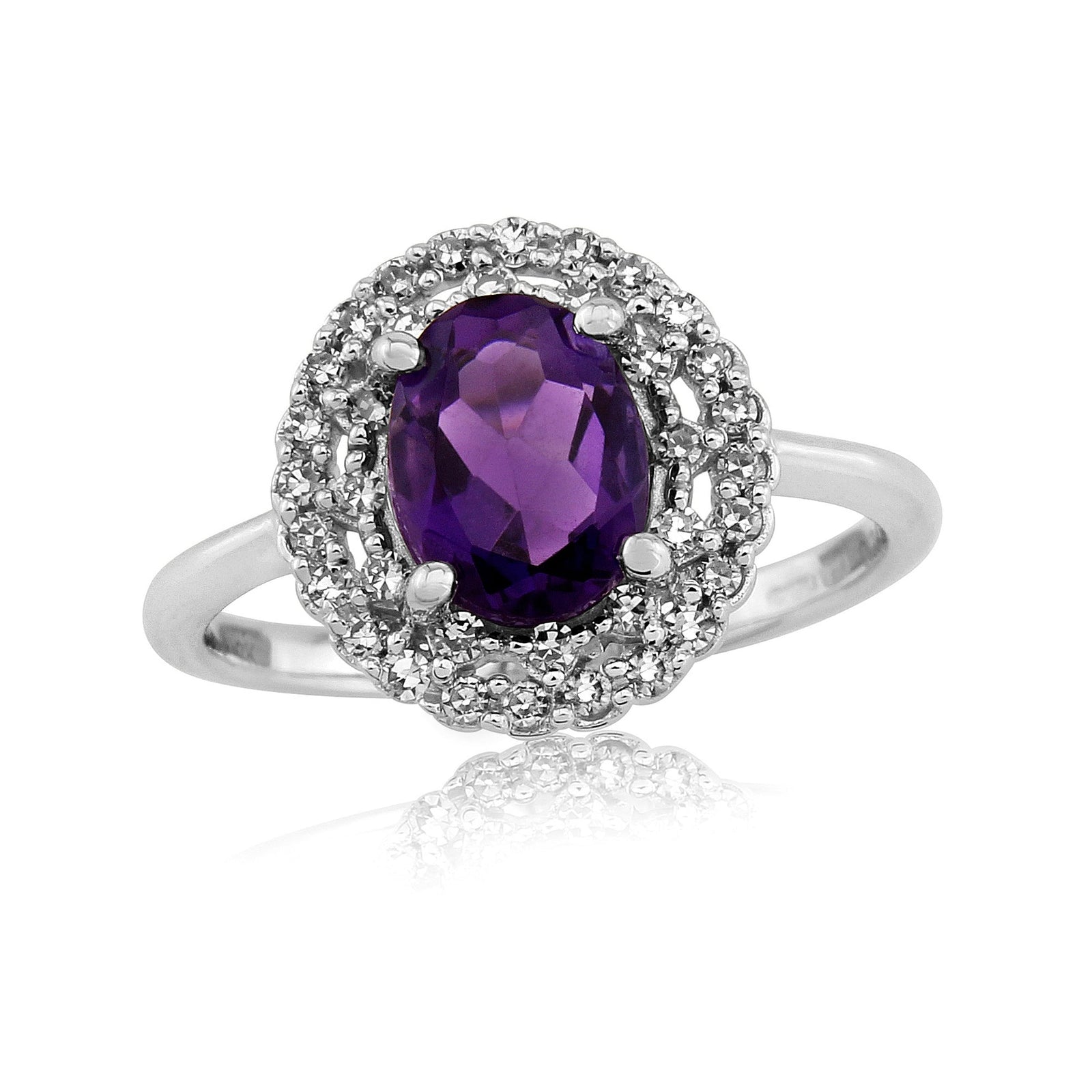 9ct white gold 8x6mm oval amethyst & diamond 2 row cluster ring 0.24ct