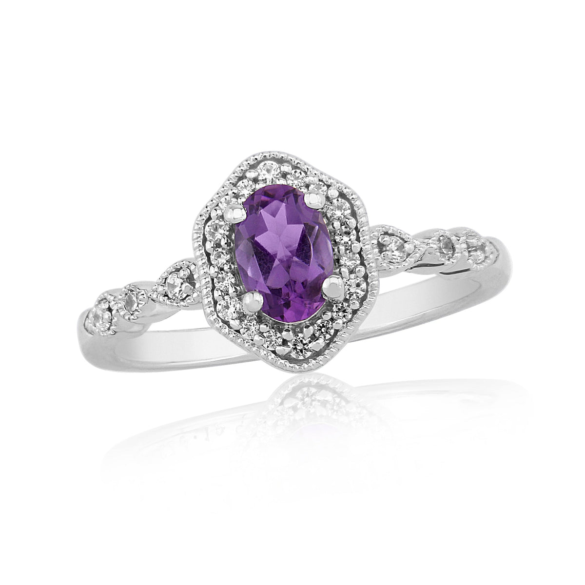 9ct white gold 6x4mm oval amethyst &amp; diamond cluster ring 0.12ct