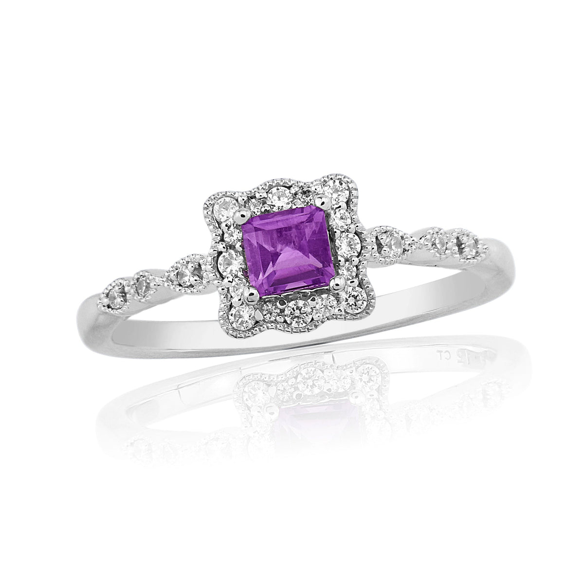 9ct white gold 3.7mm square amethyst &amp; diamond cluster ring 0.10ct