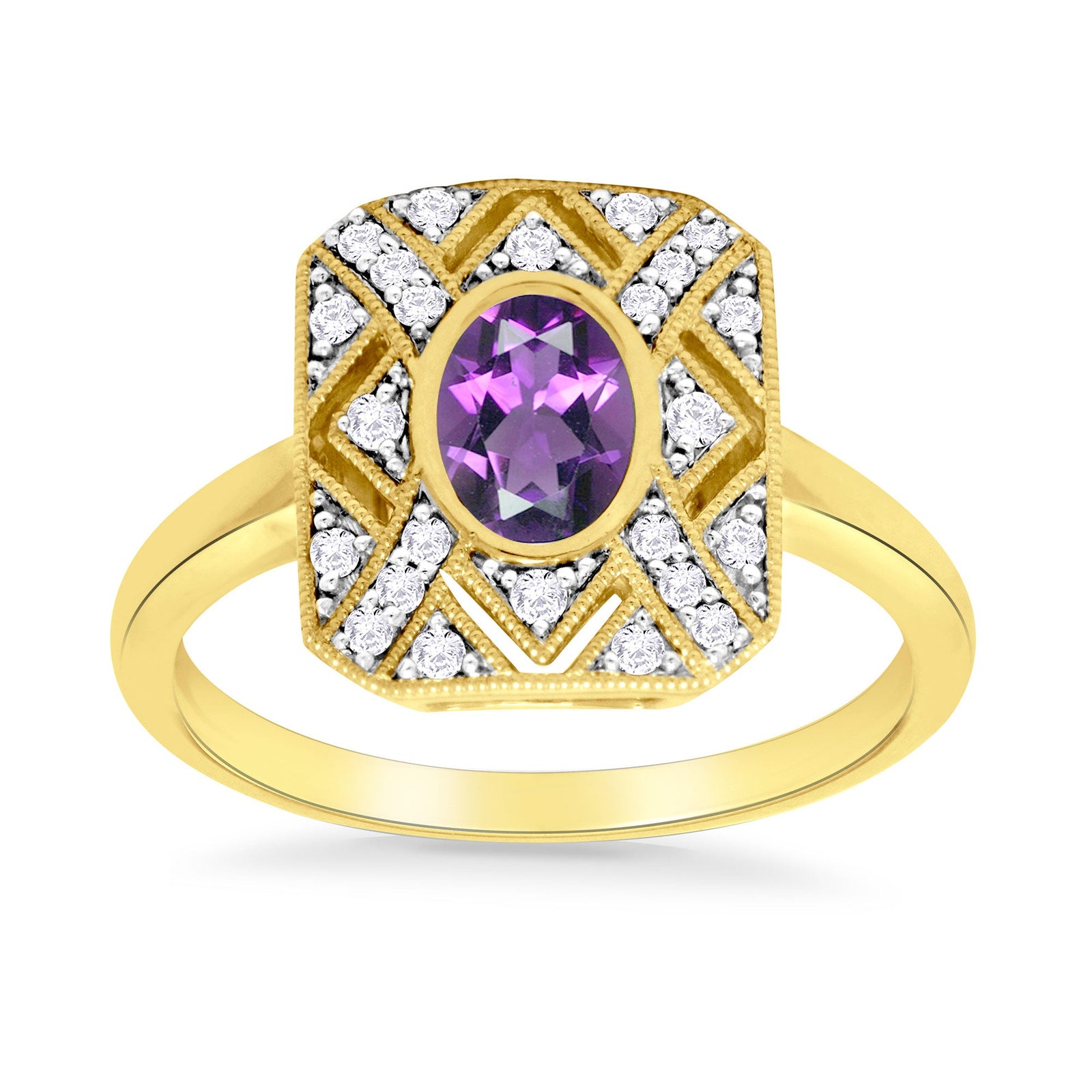 9ct gold 7x5mm oval amethyst & antique style diamond cluster ring 0.17ct