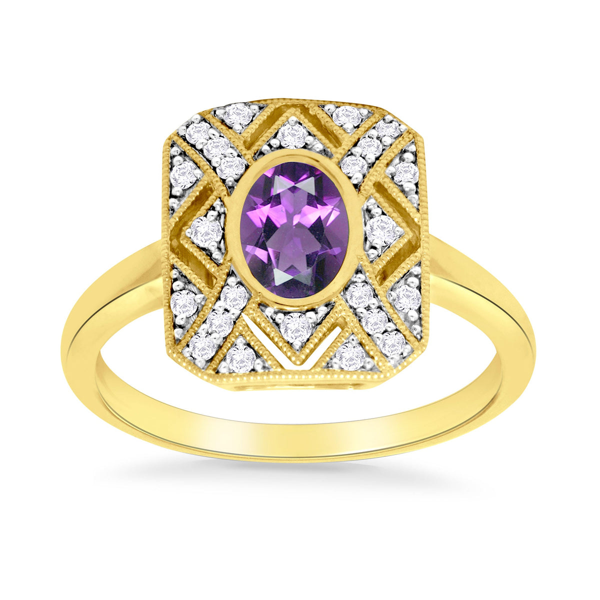 9ct gold 7x5mm oval amethyst &amp; antique style diamond cluster ring 0.17ct