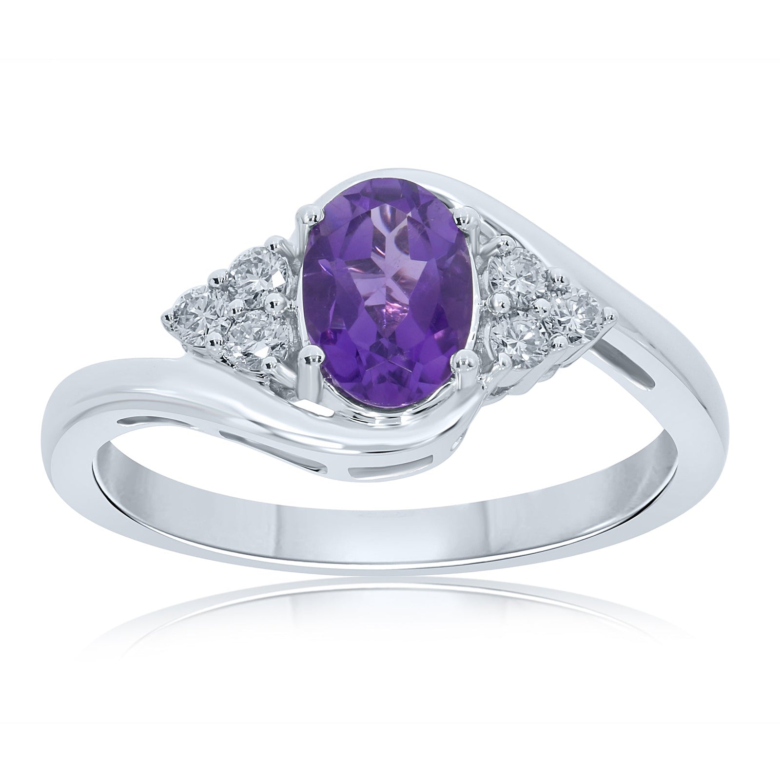 9ct white gold 7x5mm oval amethyst & triple diamond shoulder cross-over ring 0.15ct