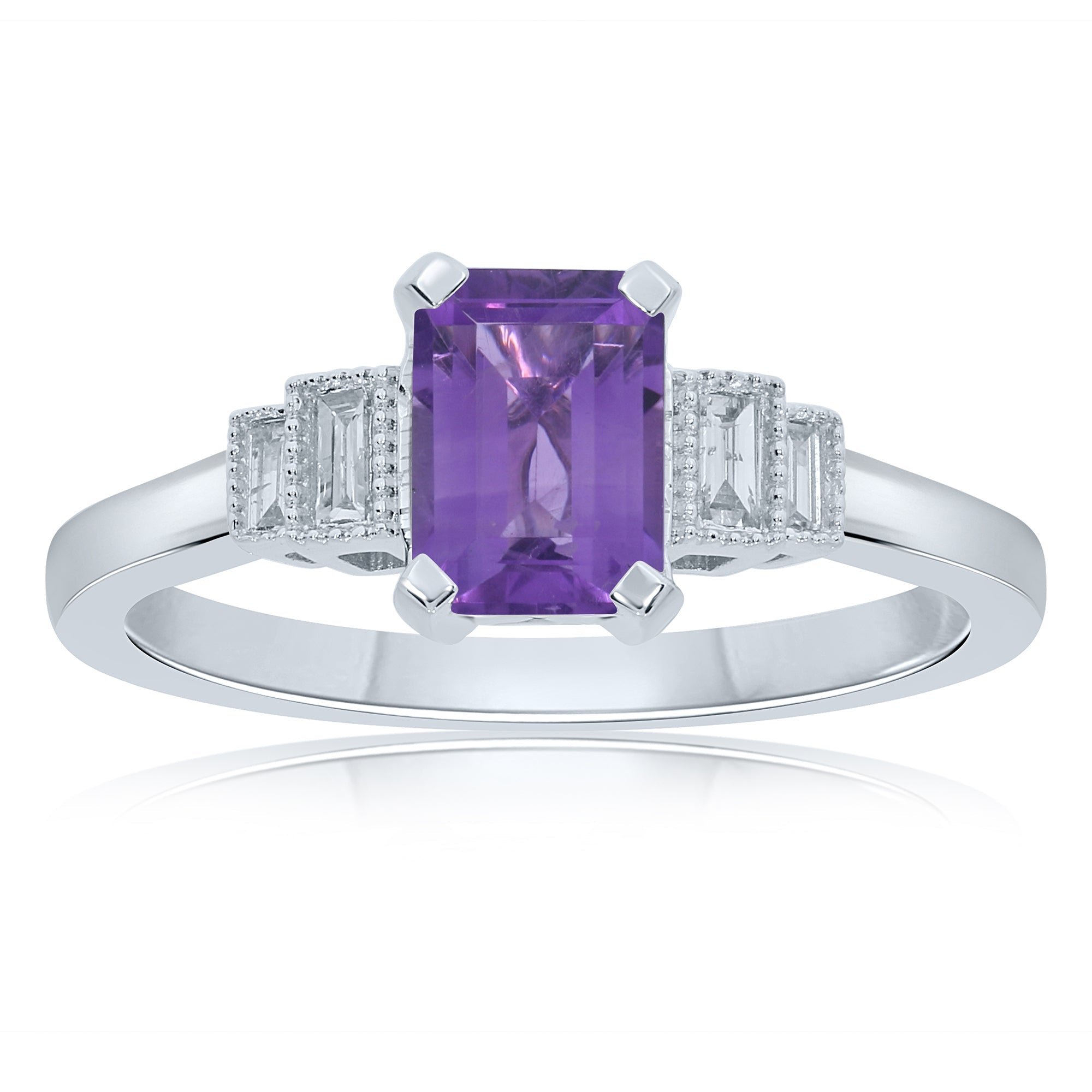 9ct white gold 7x5mm octagon cut amethyst & stepped diamond shoulders ring 0.11ct