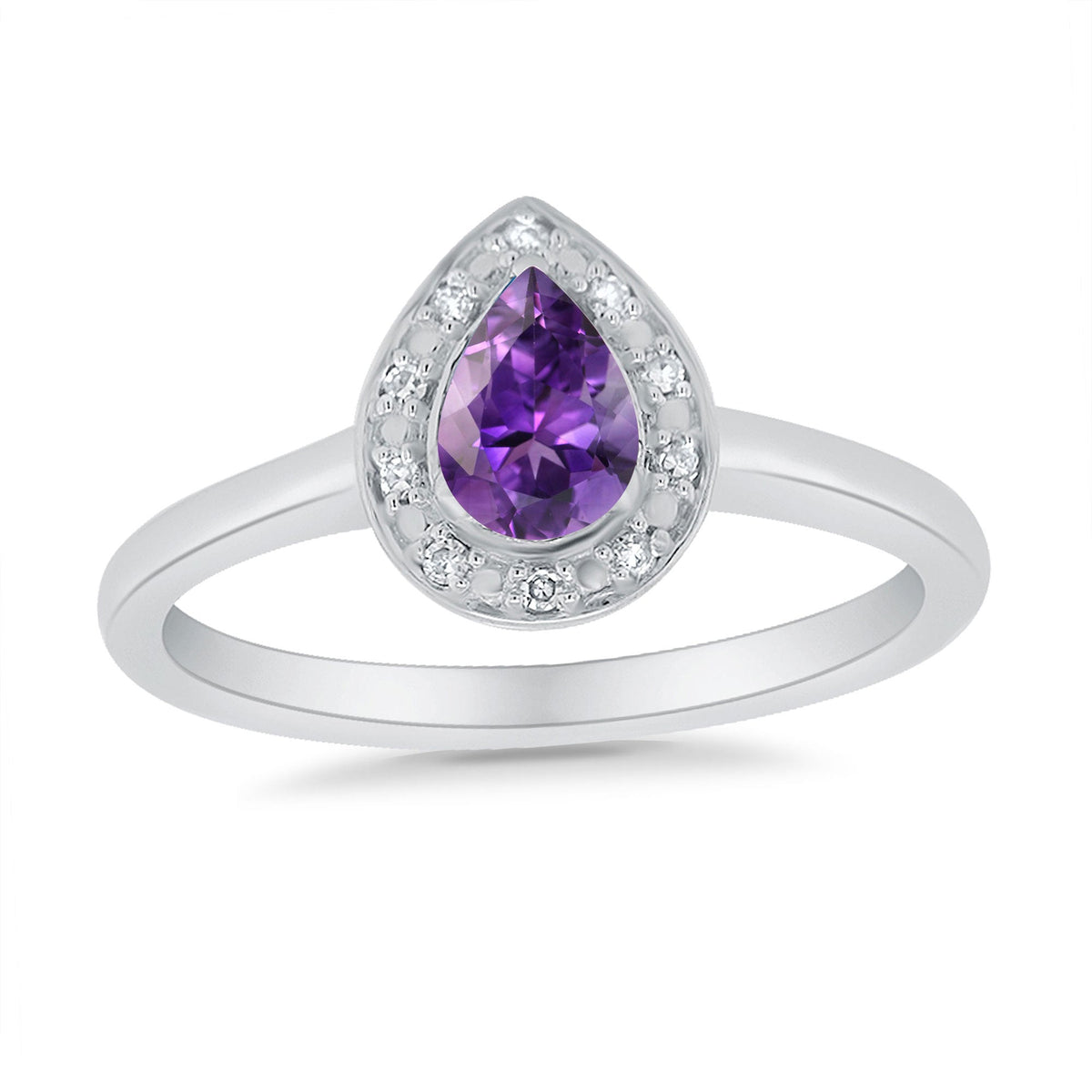 9ct white gold 6x4mm pear shape amethyst &amp; diamond cluster ring 0.04ct