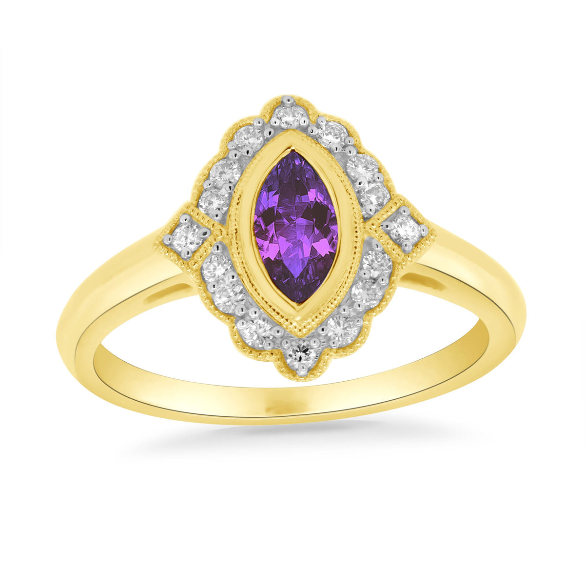 9ct gold 8x4mm marquise shape amethyst &amp; antique style diamond cluster ring 0.15ct