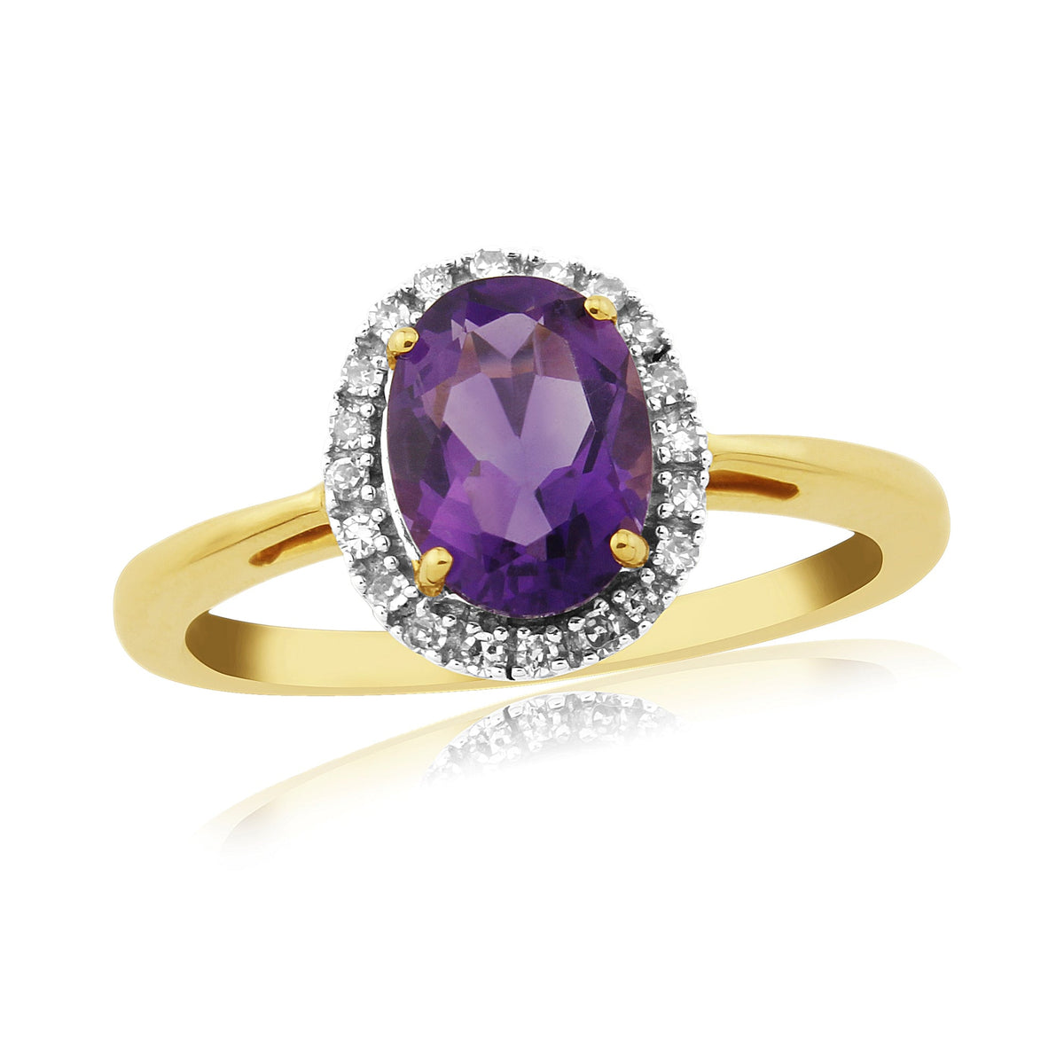 9ct gold 8x6mm oval amethyst &amp; diamond cluster ring 0.08ct