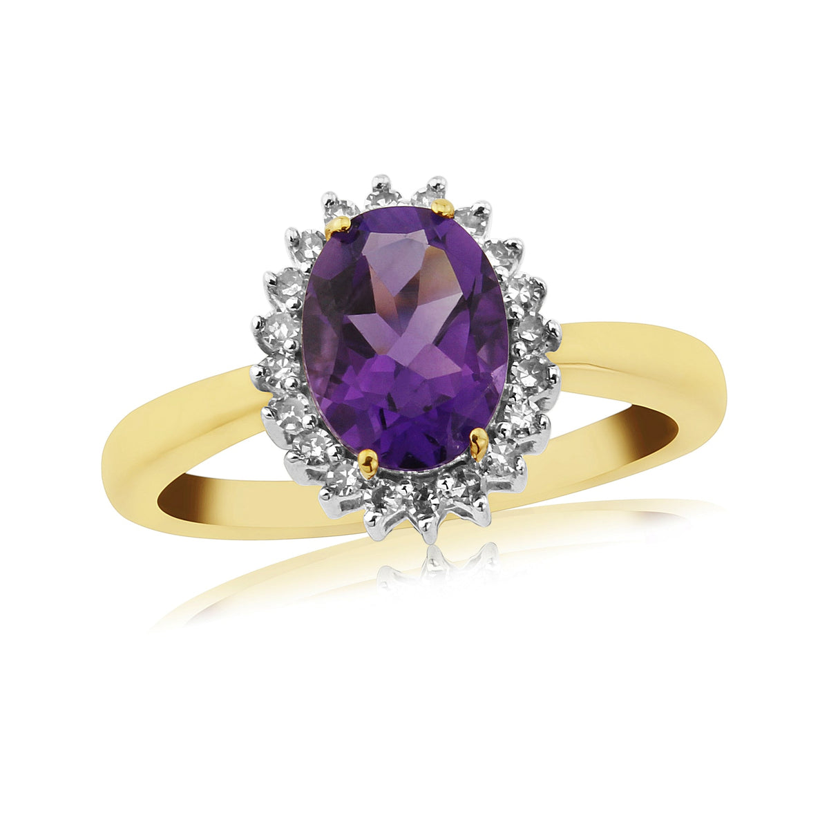 9ct gold 8x6mm oval amethyst &amp; diamond cluster ring 0.15ct
