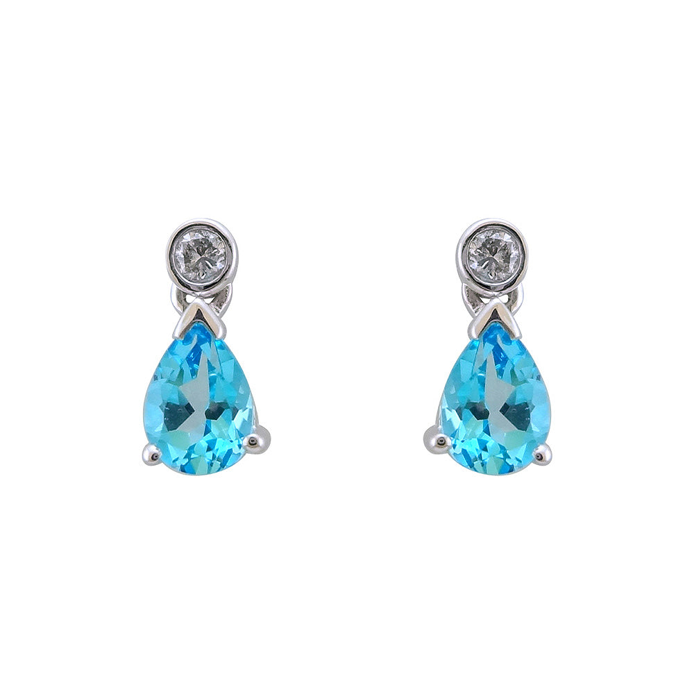 9ct white gold 6x4mm pear shape blue topaz & diamond earrings 0.08ct