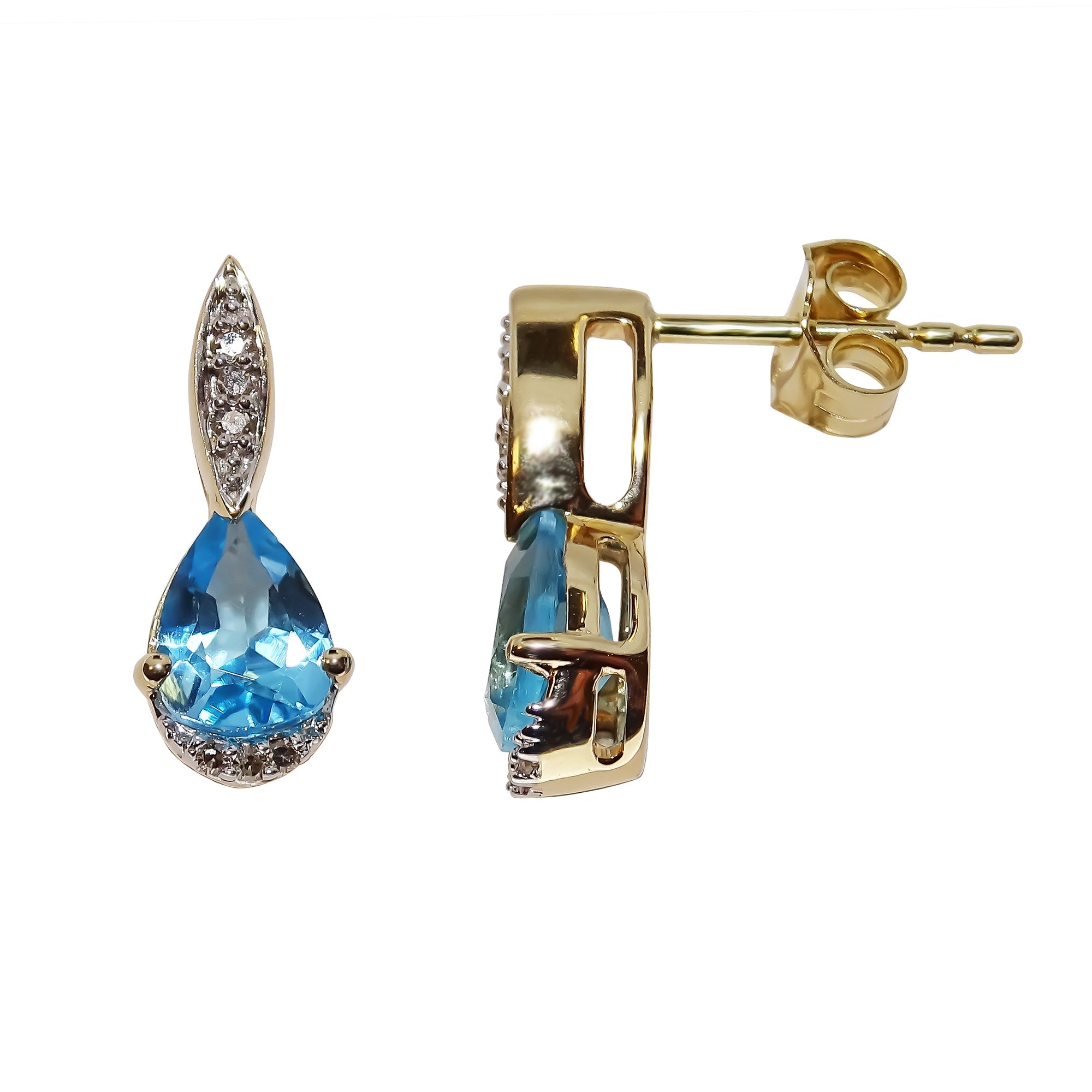 9ct yellow gold 7x5mm pear shape blue topaz & diamond set drop earrings 0.05ct