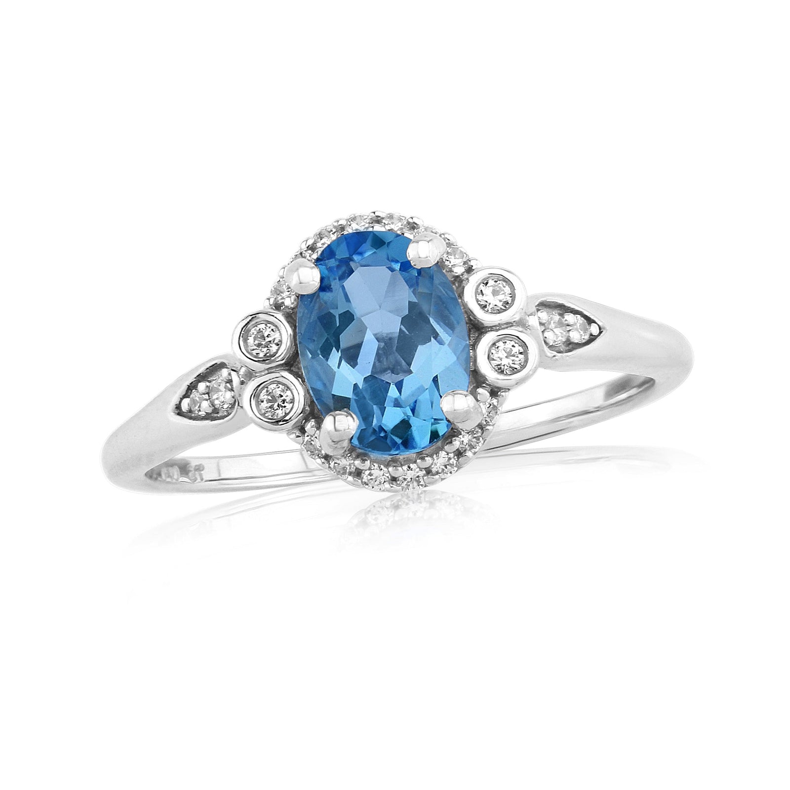 9ct white gold 7x5mm blue topaz & diamond cluster ring 0.10ct