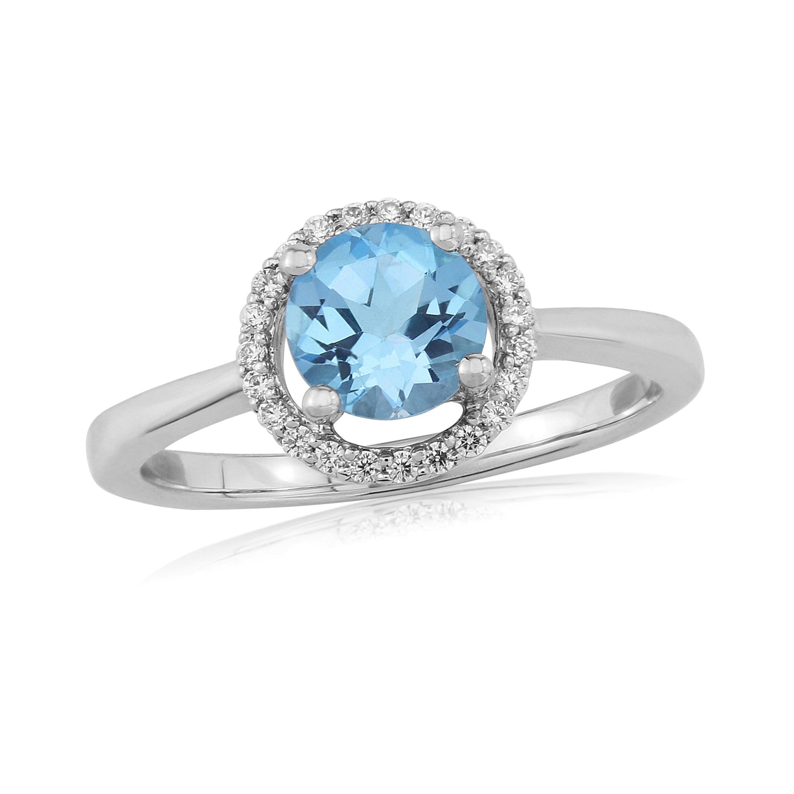 9ct white gold 6mm round blue topaz & diamond halo ring 0.10ct
