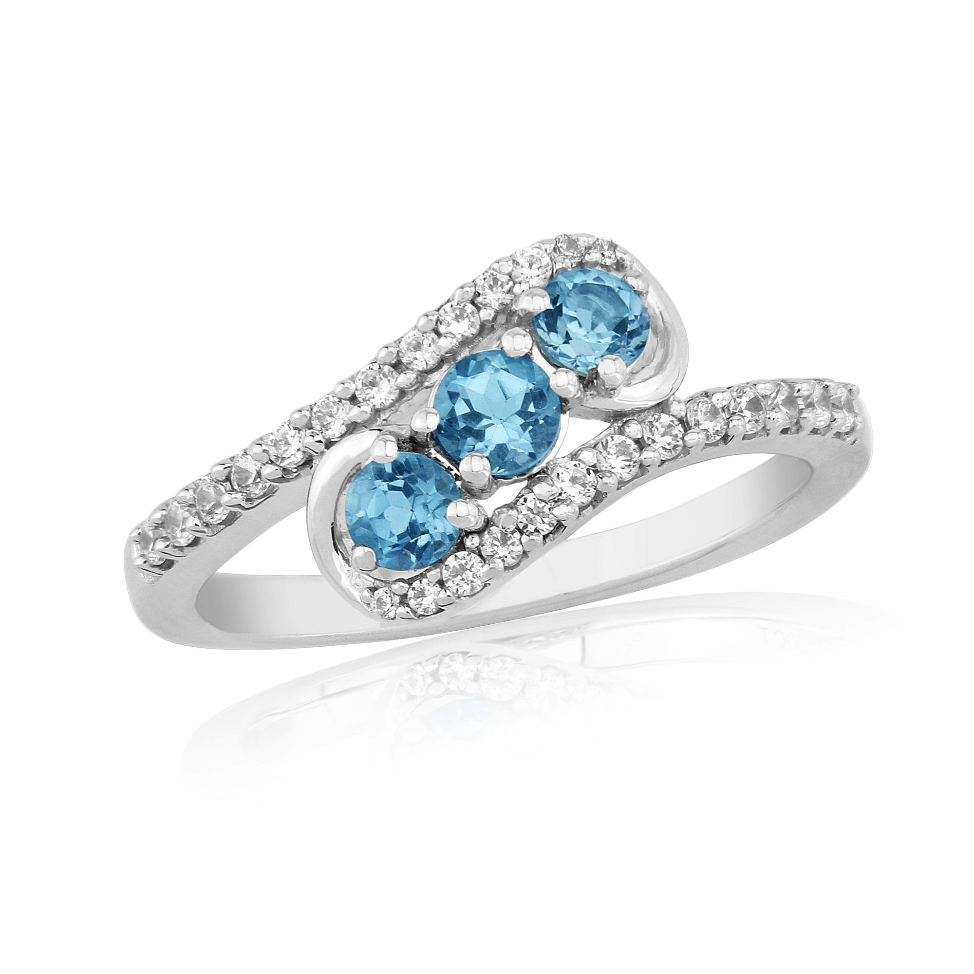 9ct white gold 3 stone blue topaz (1x3.5mm,2 x3mm) & diamond crossover ring 0.20ct
