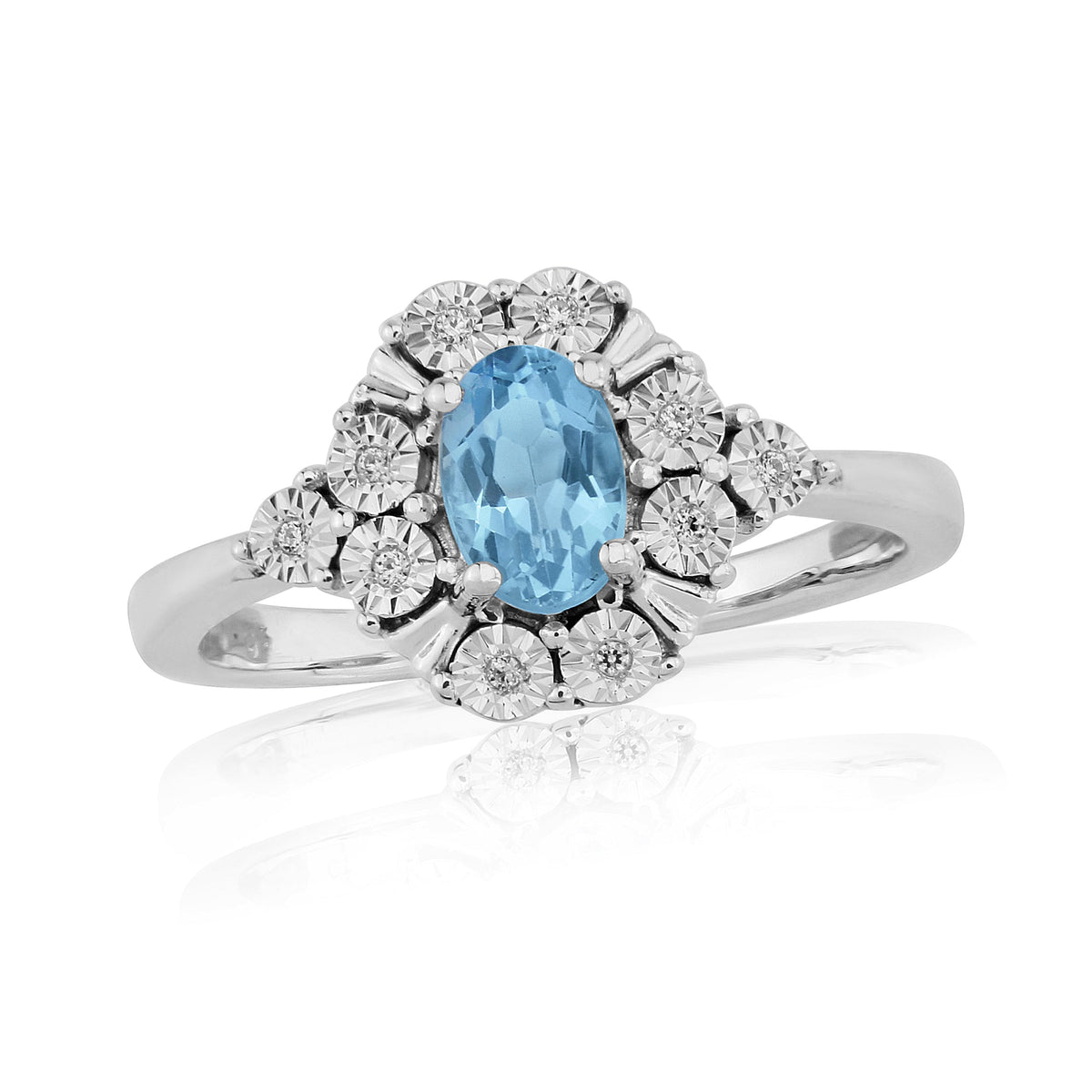 9ct white gold 6x4mm oval blue topaz &amp; miracle plate diamond cluster ring 0.03ct