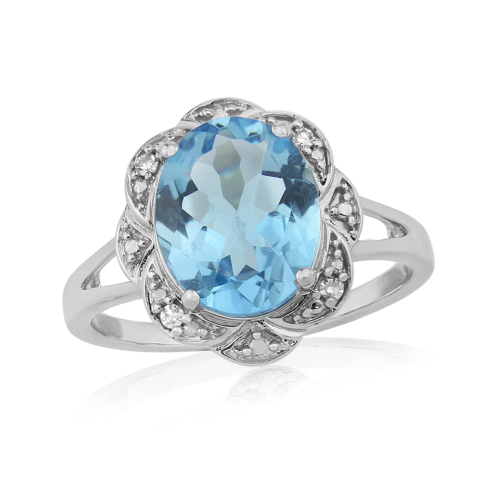 9ct white gold 10x8mm oval blue topaz & diamond cluster ring 0.03ct