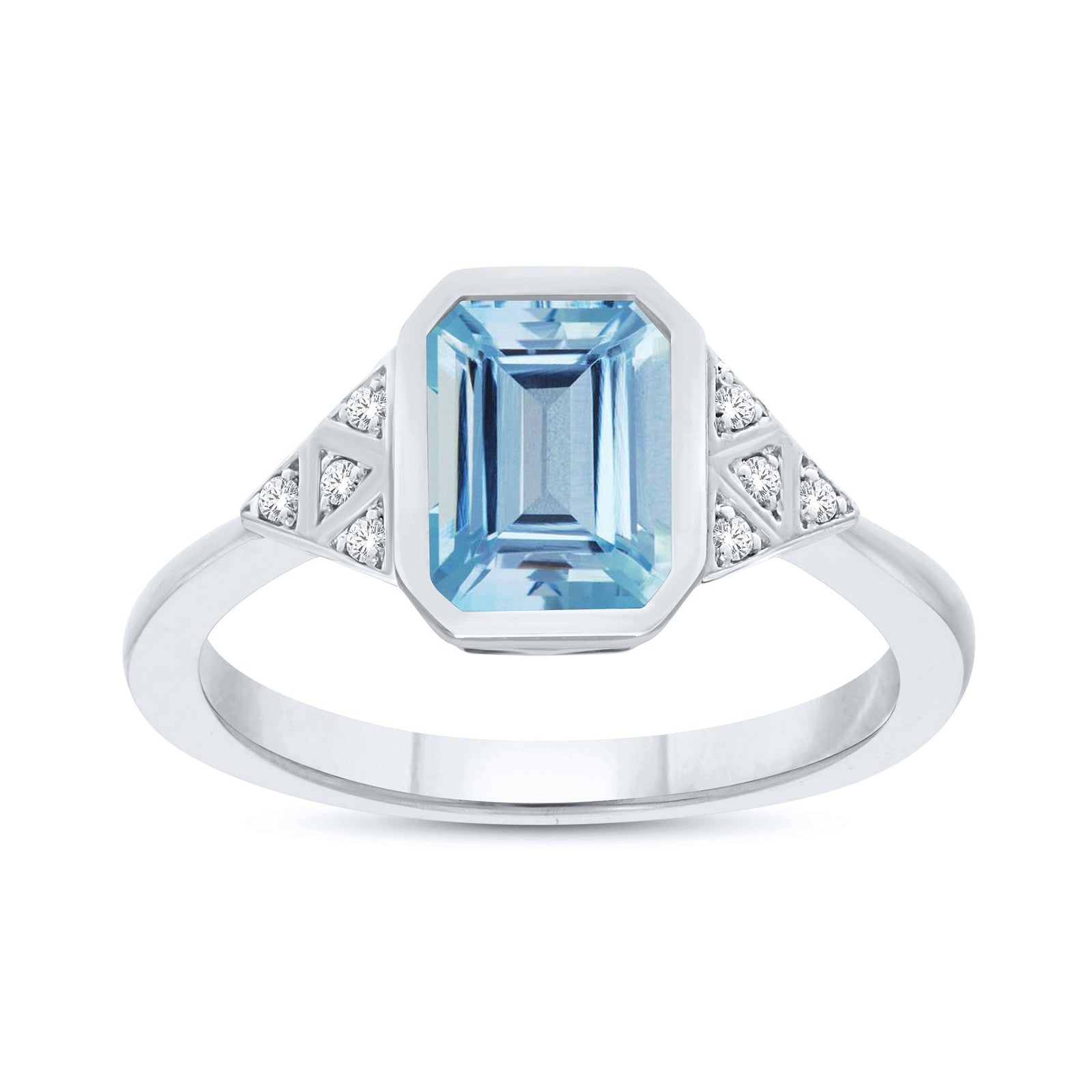 9ct white gold 9x7mm octagon cut rubover set blue topaz & diamond ring 0.05ct