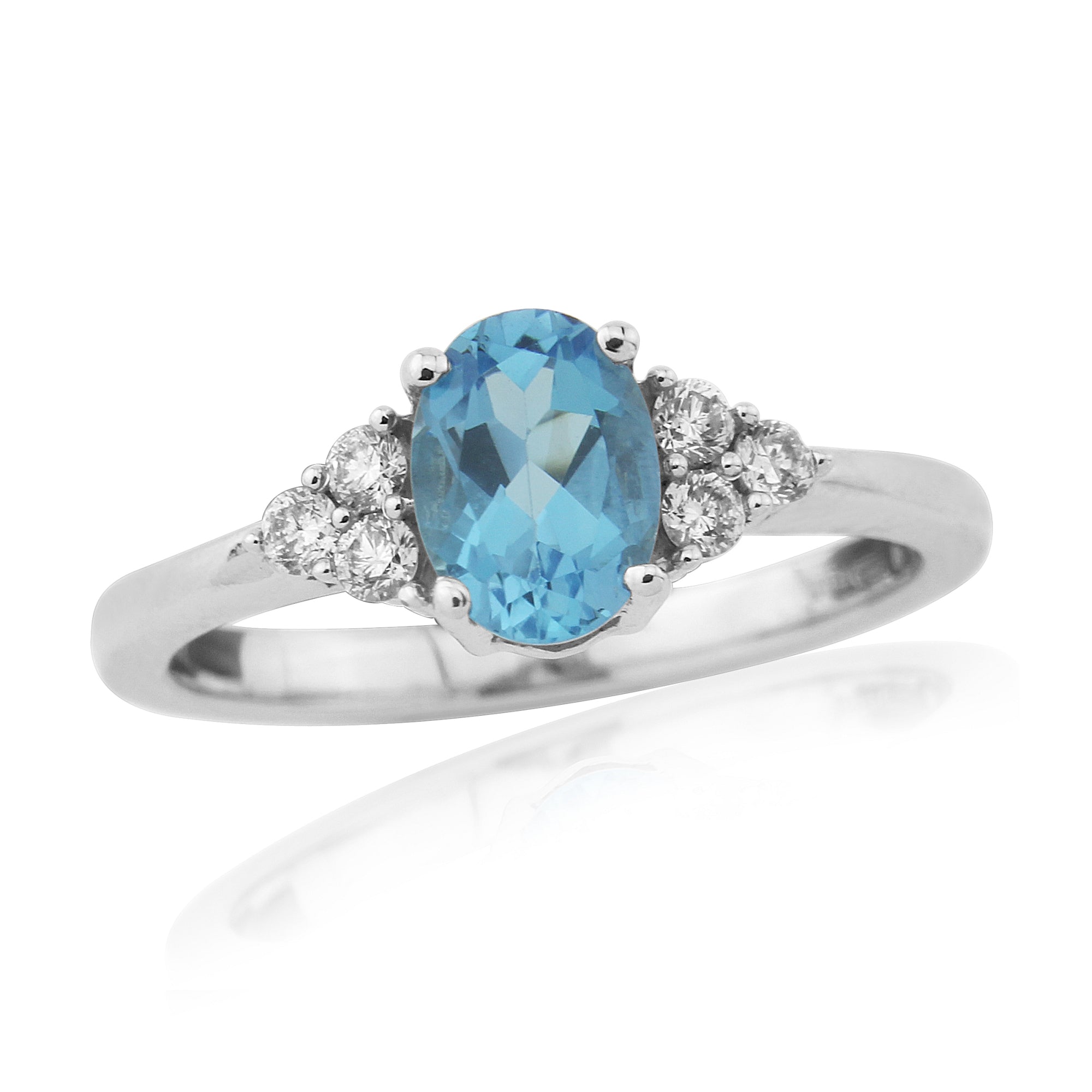 9ct white gold 7x5mm oval blue topaz & triple diamond shoulders ring 0.15ct