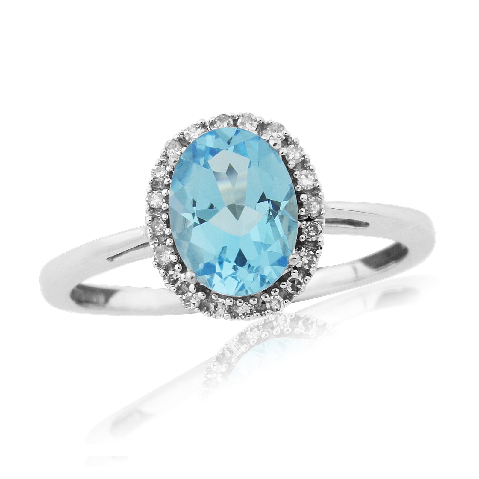9ct  white gold 8x6mm oval blue topaz & diamond cluster ring 0.08ct