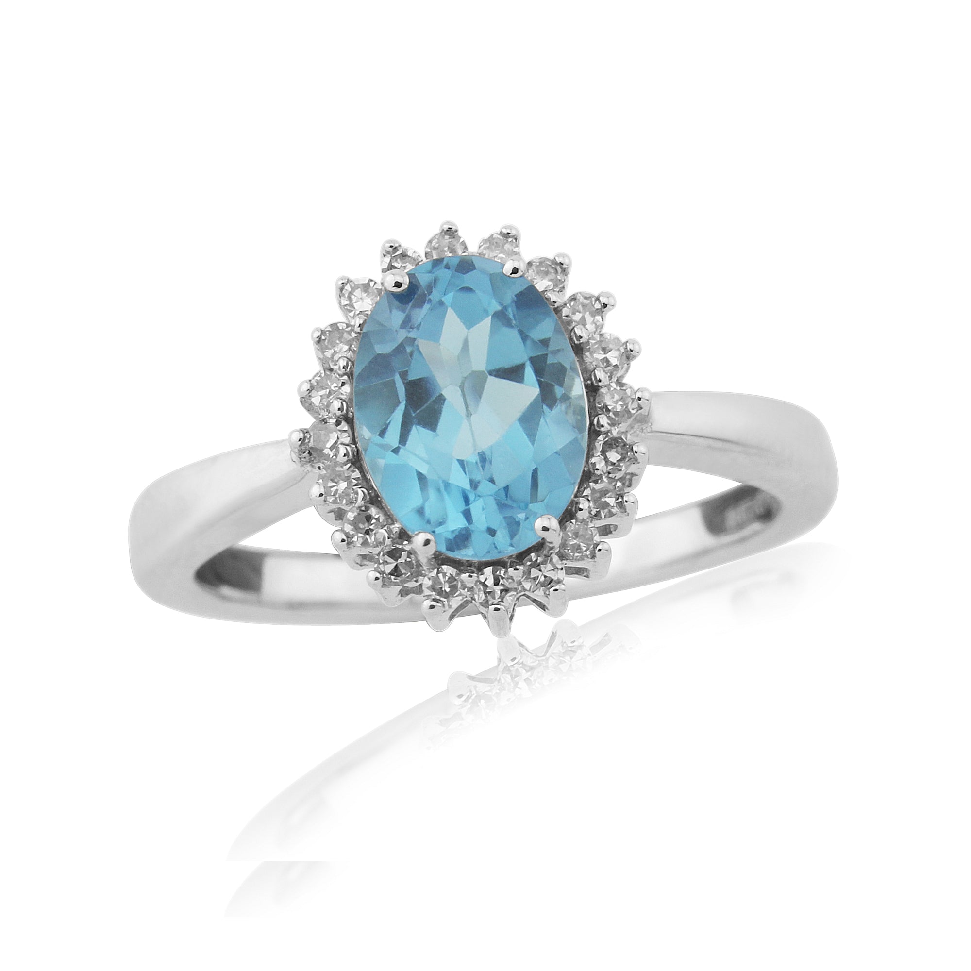 9ct white gold 8x6mm oval blue topaz & diamond cluster ring 0.15ct