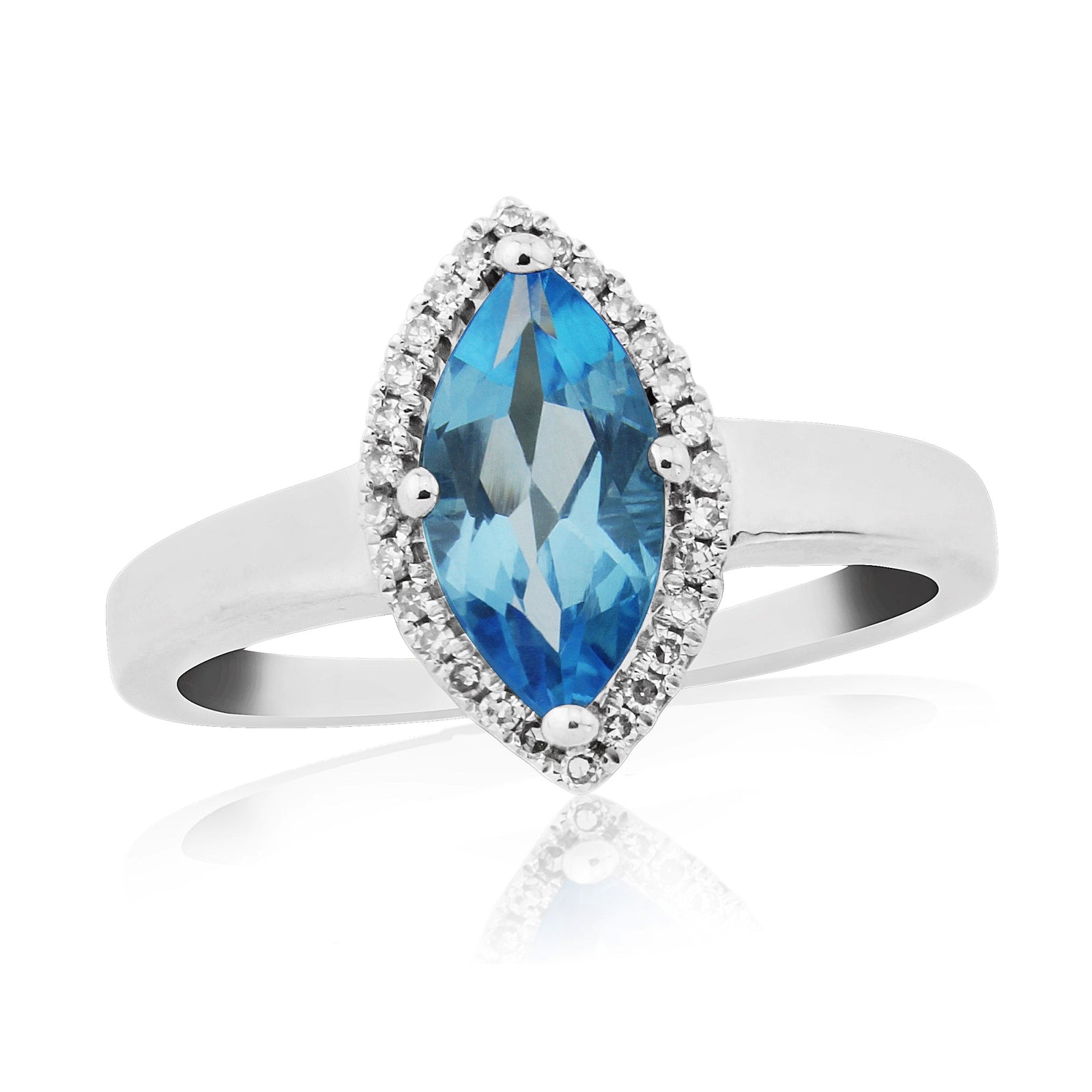 9ct white gold 10x5mm marquise shape blue topaz & diamond cluster ring 0.11ct