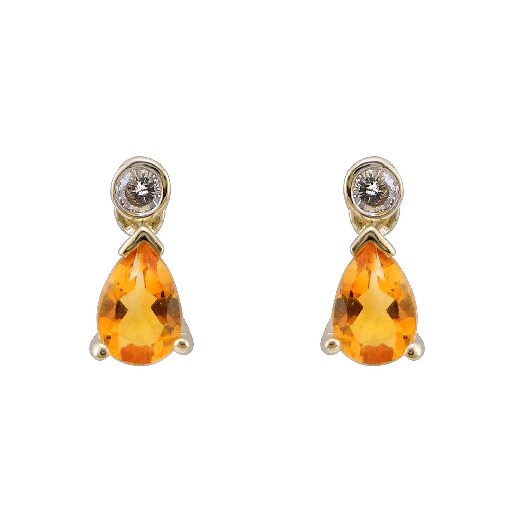 9ct gold 6x4mm pear shape citrine &amp; diamond earrings 0.08ct
