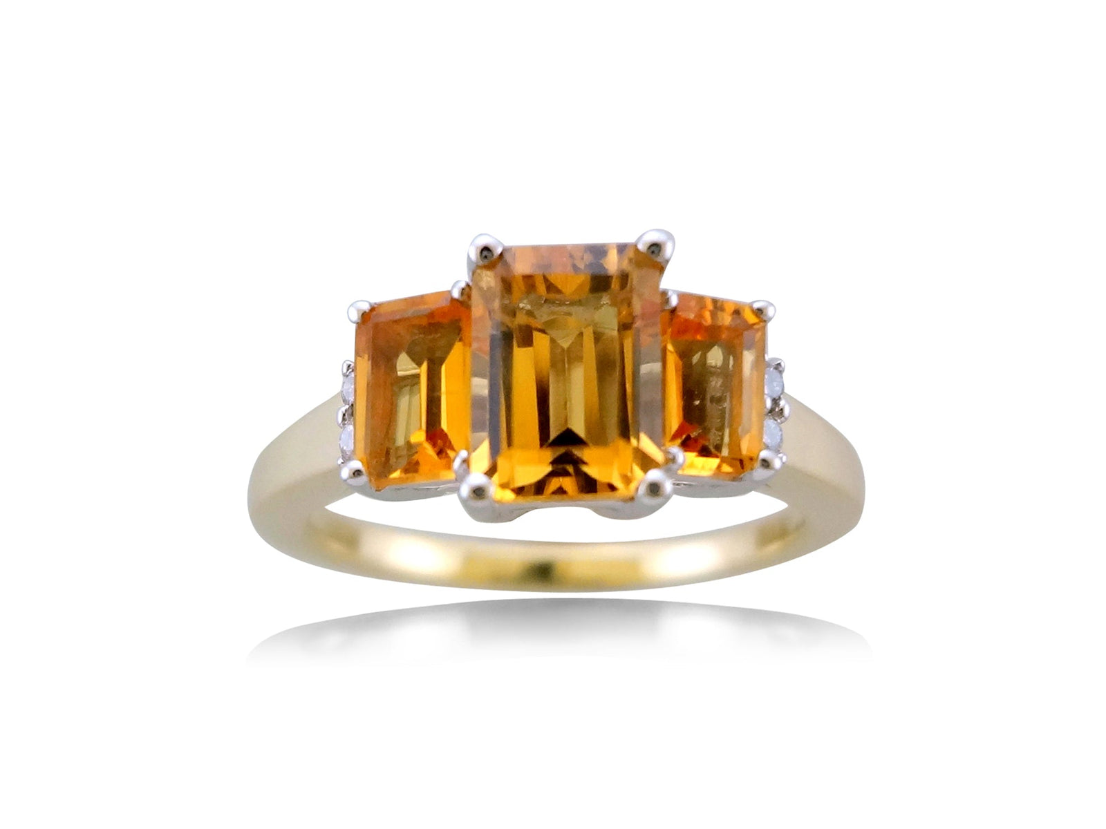9ct gold triple octagaon cut citrine (7x5mm & two 5x3mm) & diamond ring 0.03ct