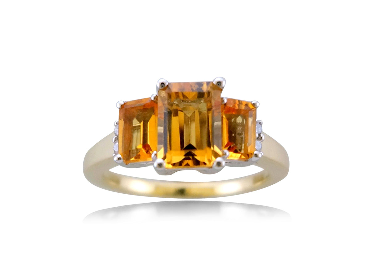 9ct gold triple octagaon cut citrine (7x5mm &amp; two 5x3mm) &amp; diamond ring 0.03ct