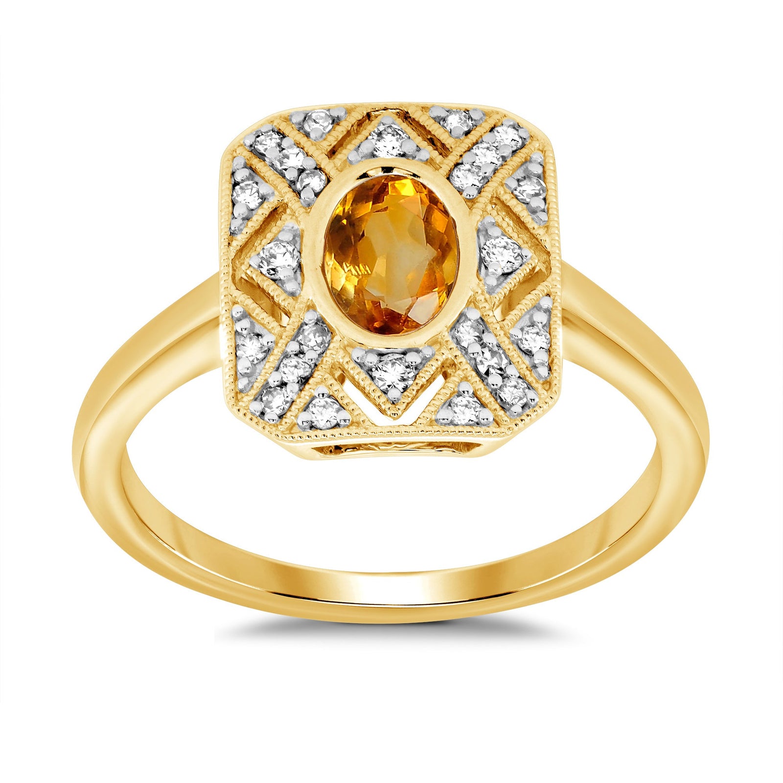 9ct gold 7x5mm oval citrine & antique style diamond cluster ring 0.17ct