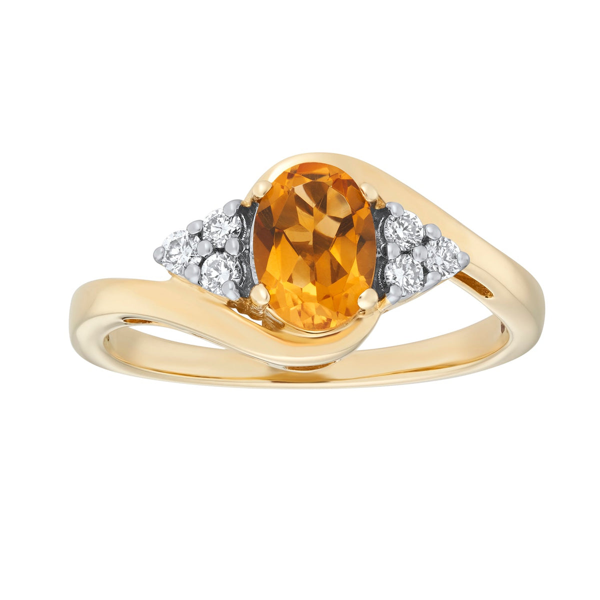 9ct gold 7x5mm oval citrine &amp; triple diamond shoulder cross-over ring 0.15ct