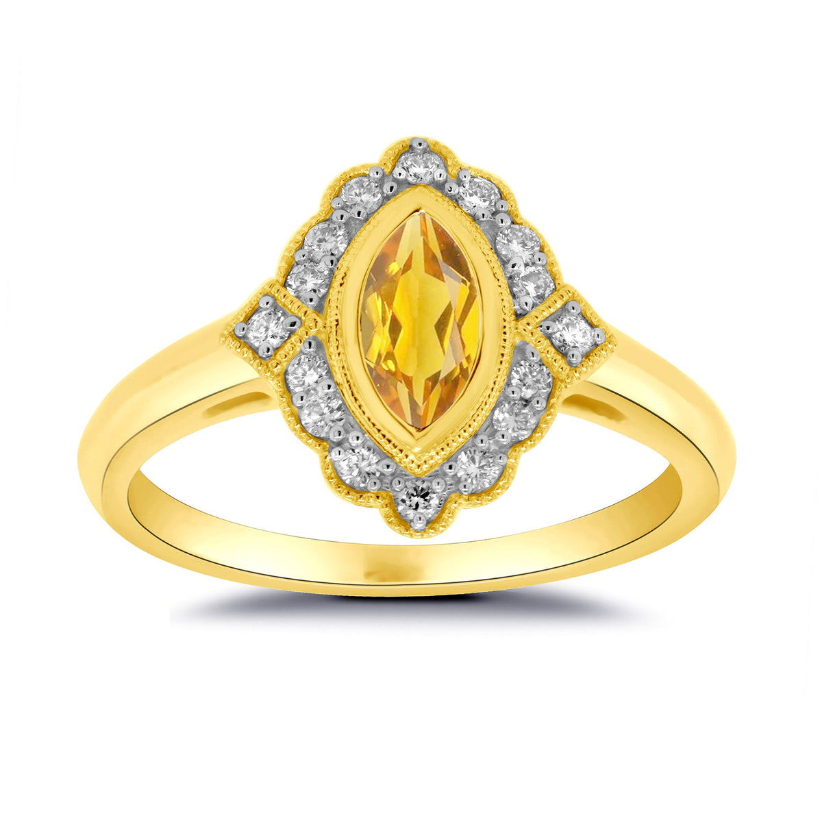 9ct gold 8x4mm marquise shape citrine &amp; antique style diamond cluster ring 0.15ct