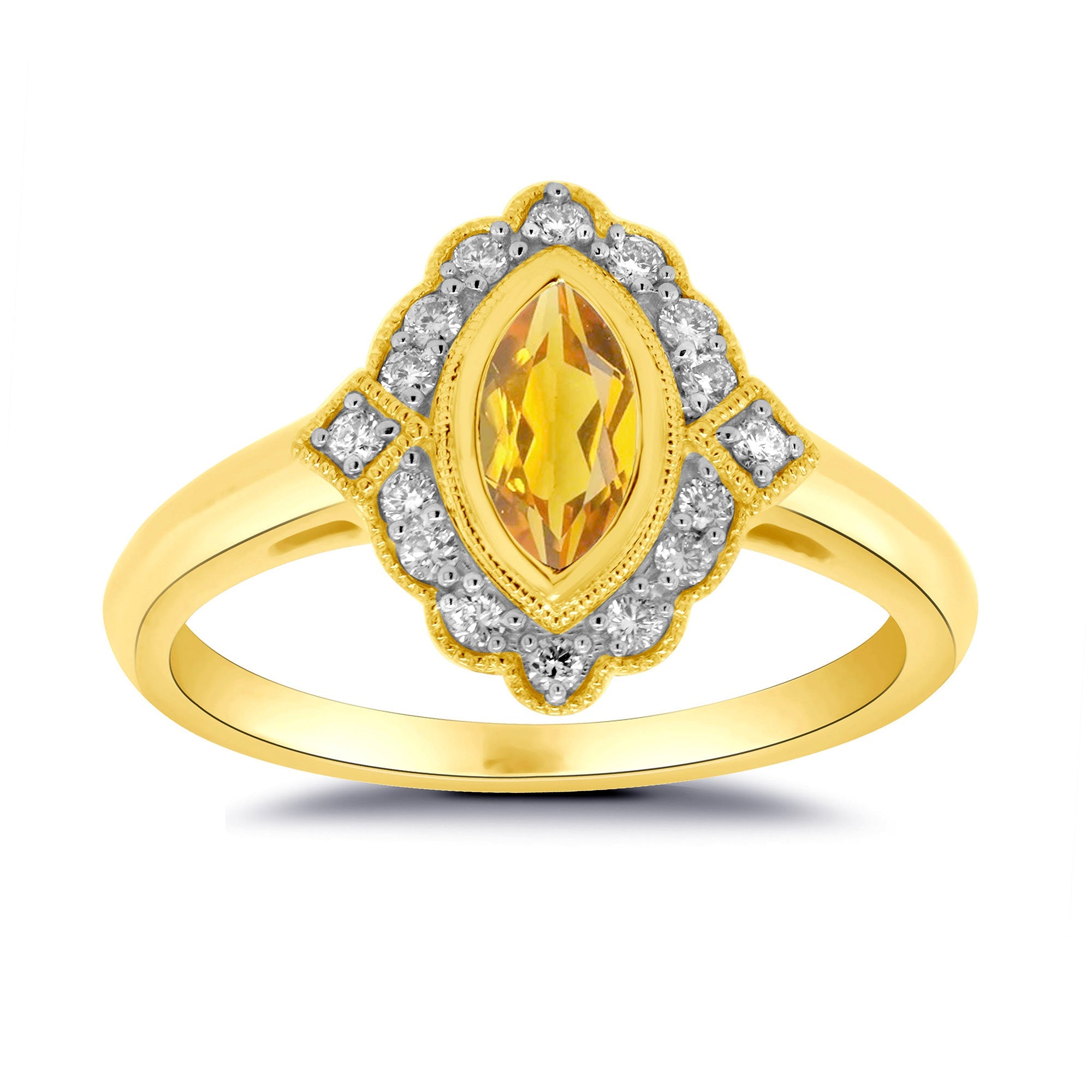 9ct gold 8x4mm marquise shape citrine & antique style diamond cluster ring 0.15ct