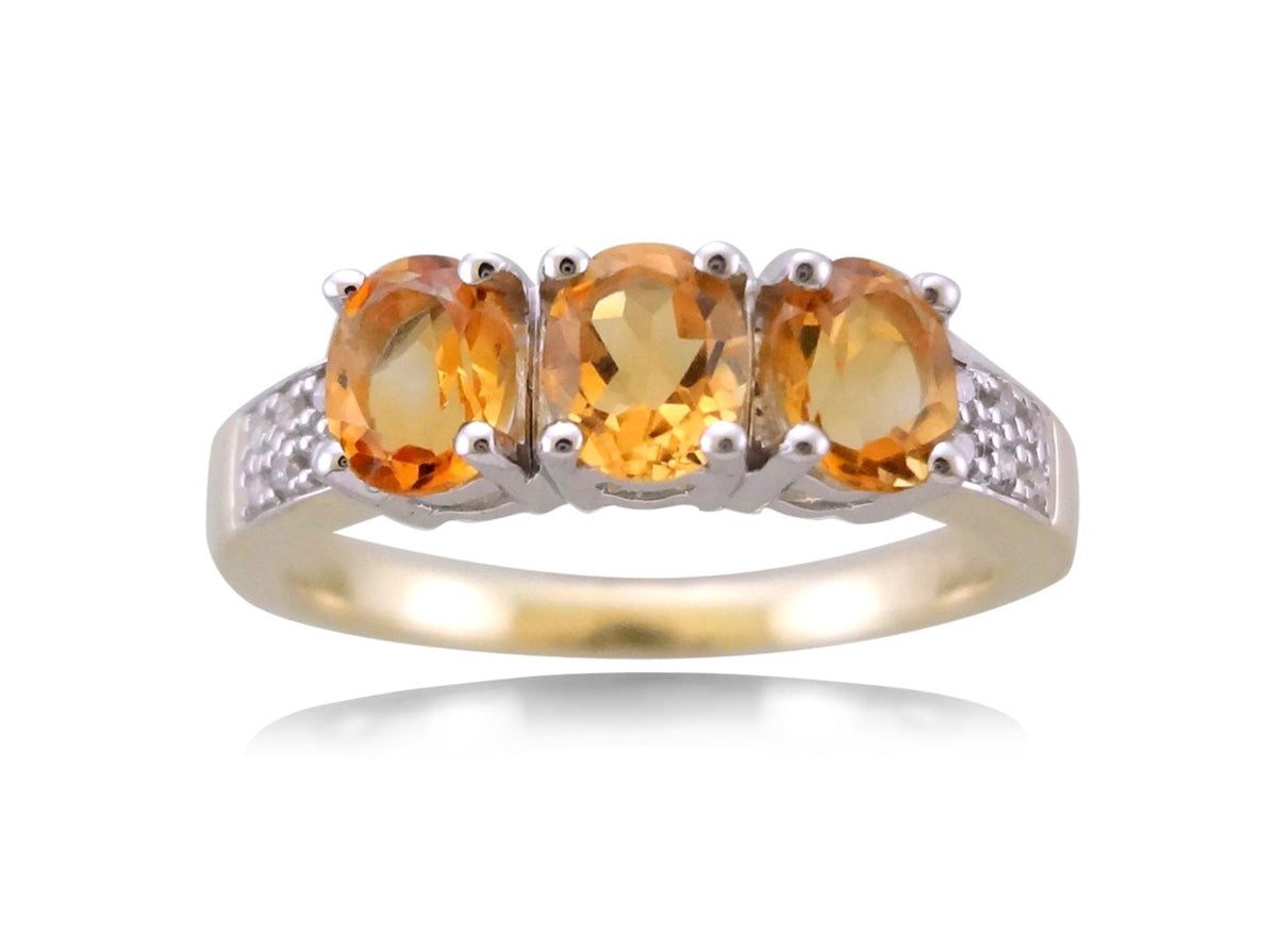 9ct gold triple 5x3mm oval citrine &amp; diamond ring 0.06ct