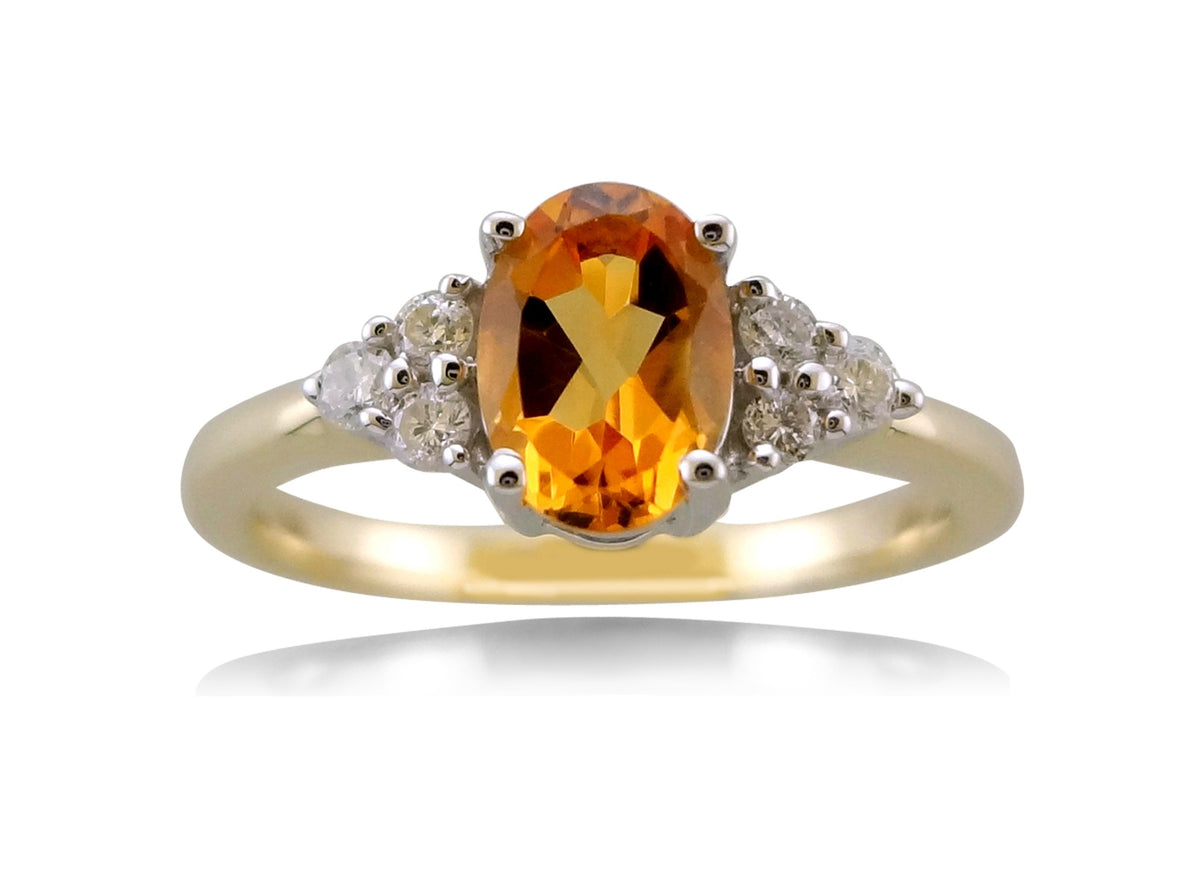9ct gold 7x5mm oval citrine &amp; triple diamond shoulders ring 0.15ct
