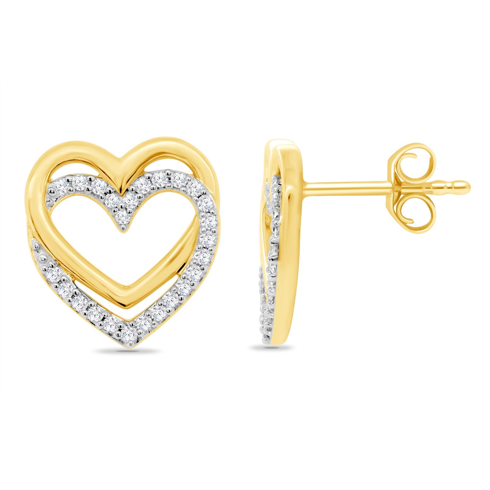 9ct gold double heart diamond studs earrings 0.20ct