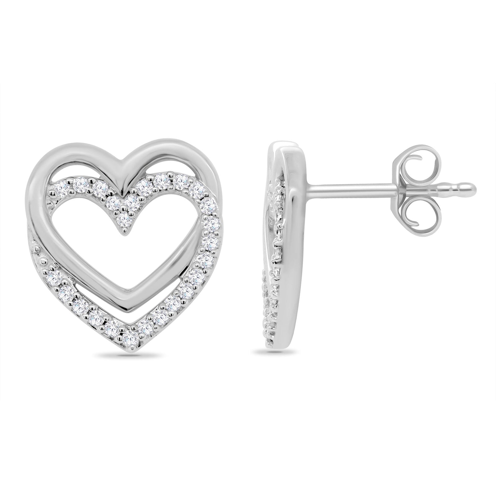 9ct white gold double heart diamond studs earrings 0.20ct
