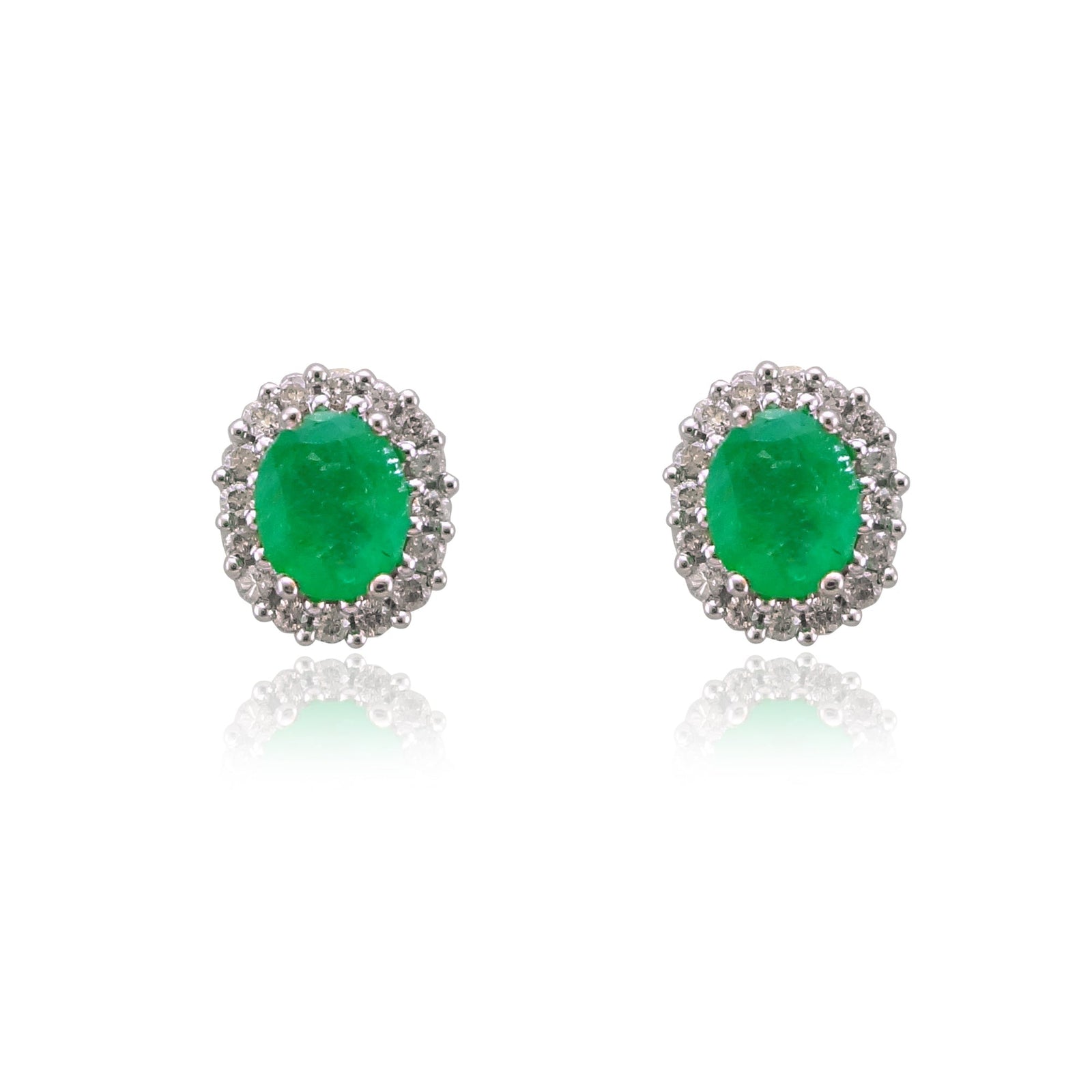 9ct gold 6x4mm oval emerald & diamond cluster studs earrings 0.22ct