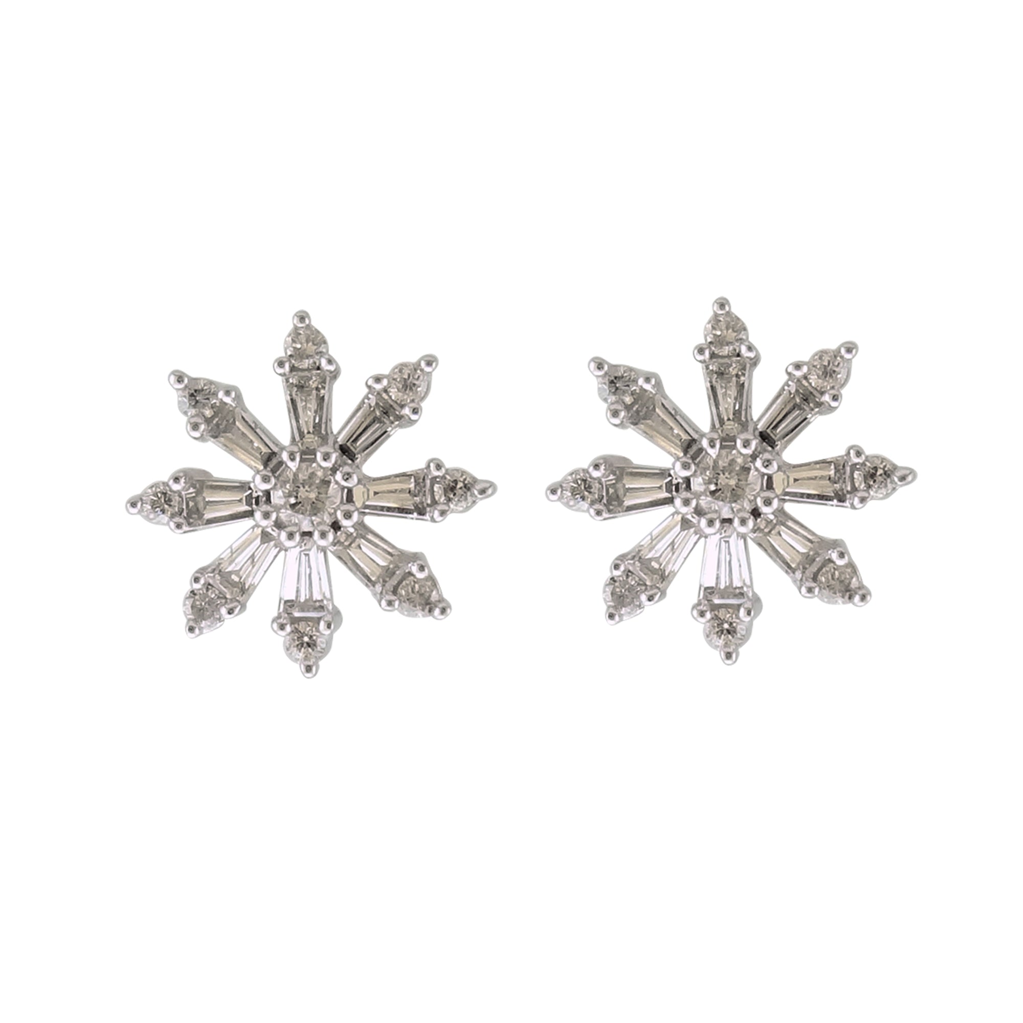 9ct white gold baguette & brialliant cut diamond snowflake earrings 0.35ct
