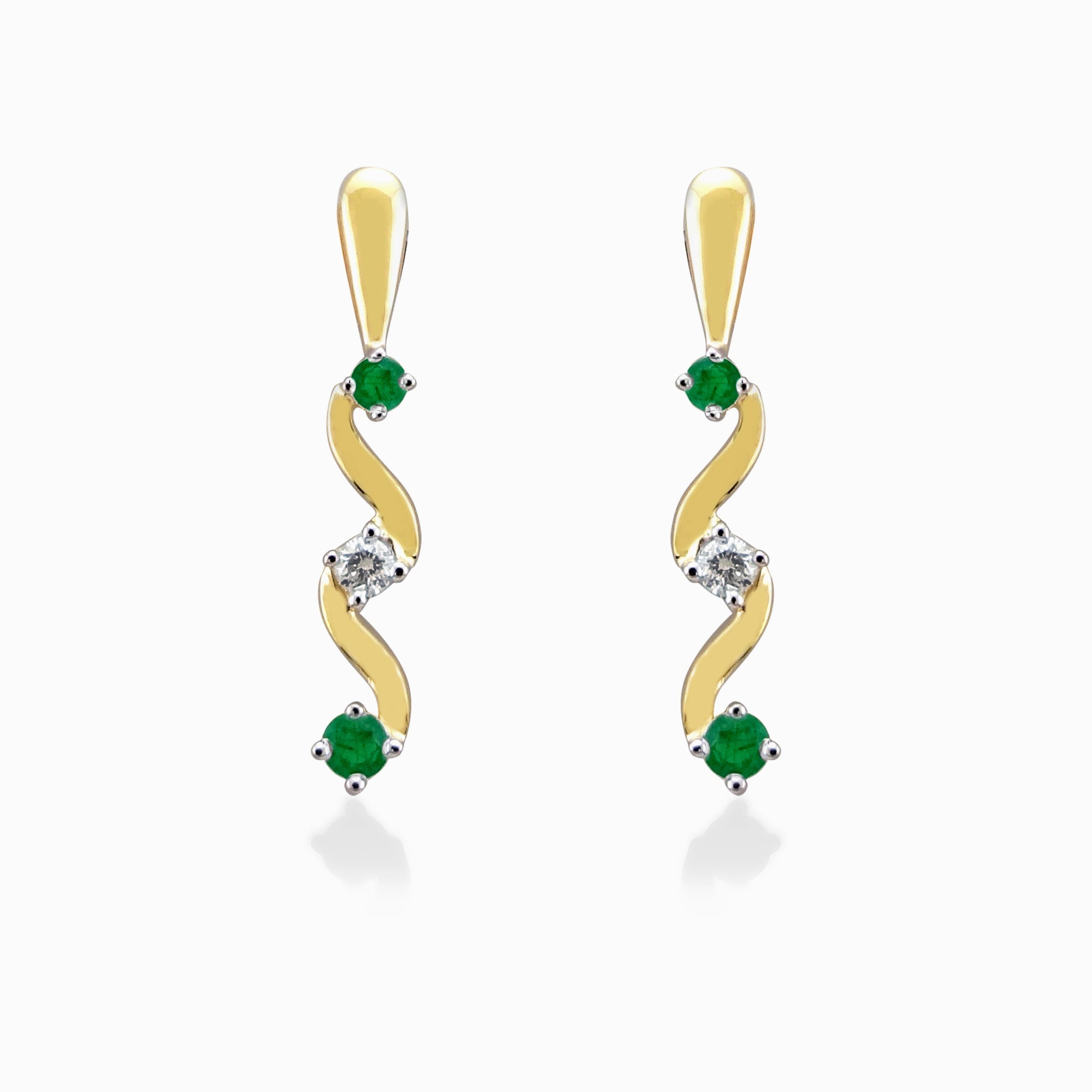 9ct gold trilogy swirl emerald & diamond earrings 0.25ct