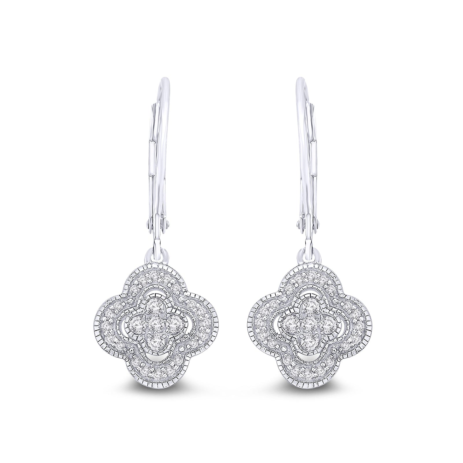 9ct white gold clover shape wire diamond set drop earrings 0.25ct