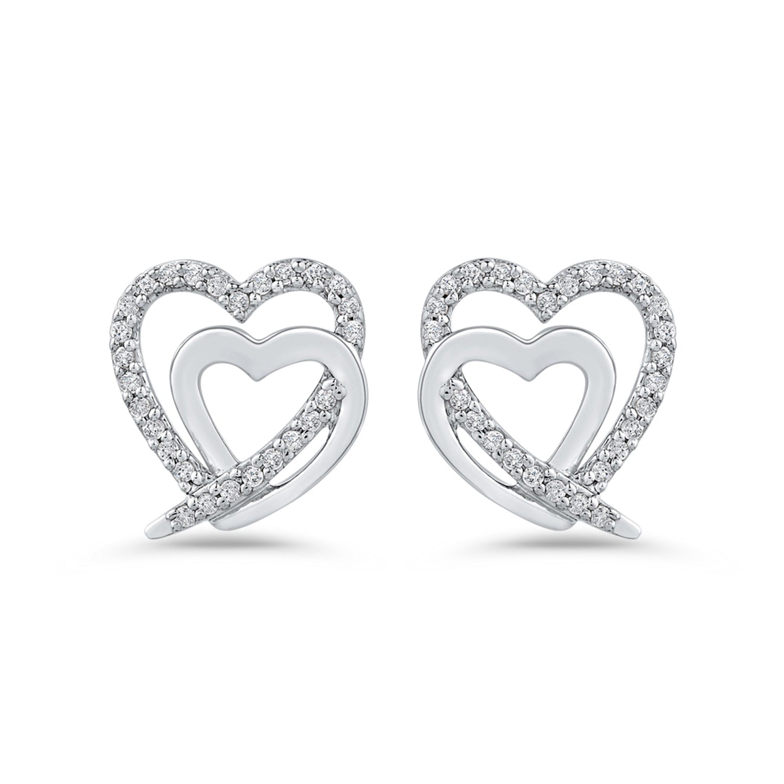 9ct white gold double plain/diamond set heart stud earrings 0.16ct