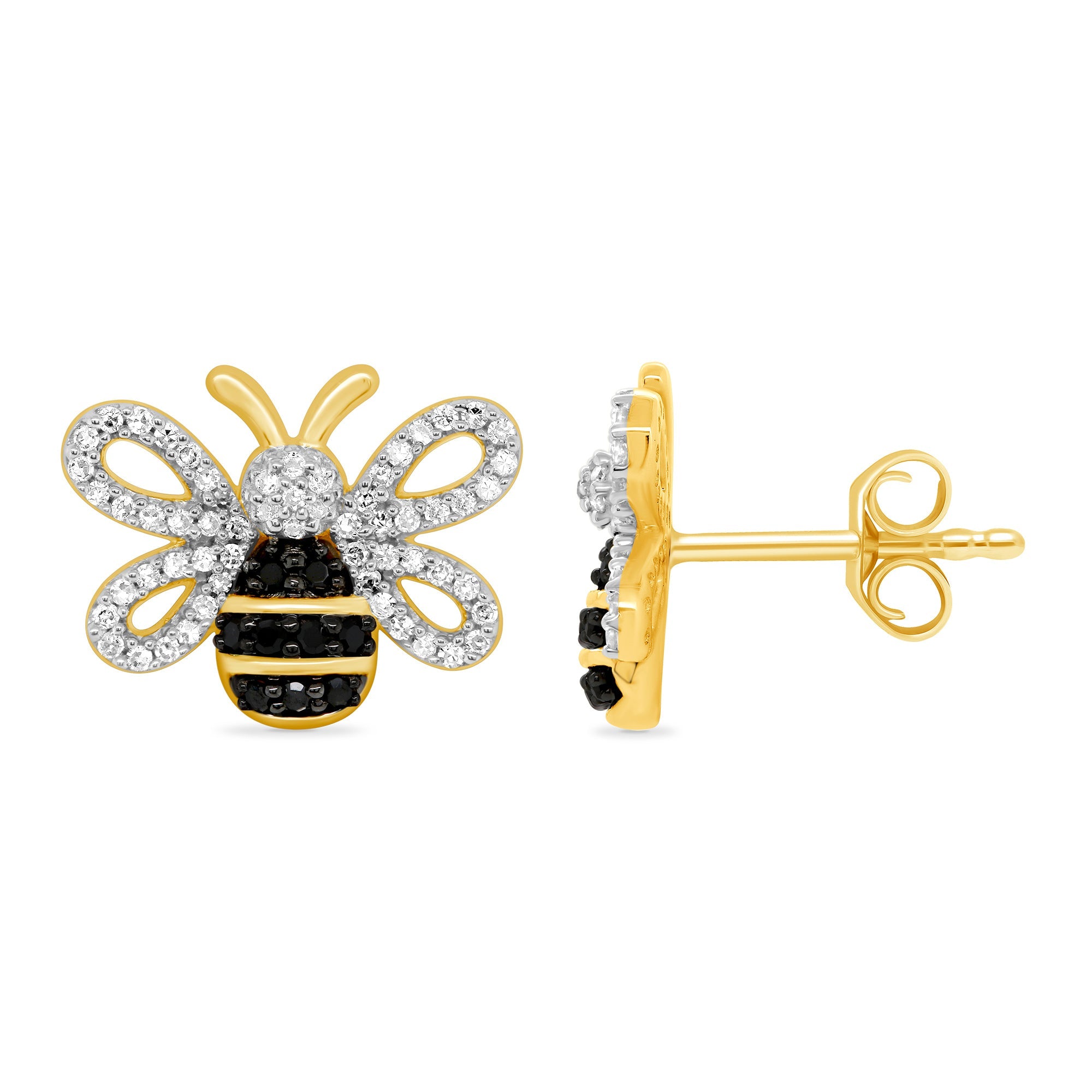 9ct gold black & white diamond bee stud earrings 0.34ct