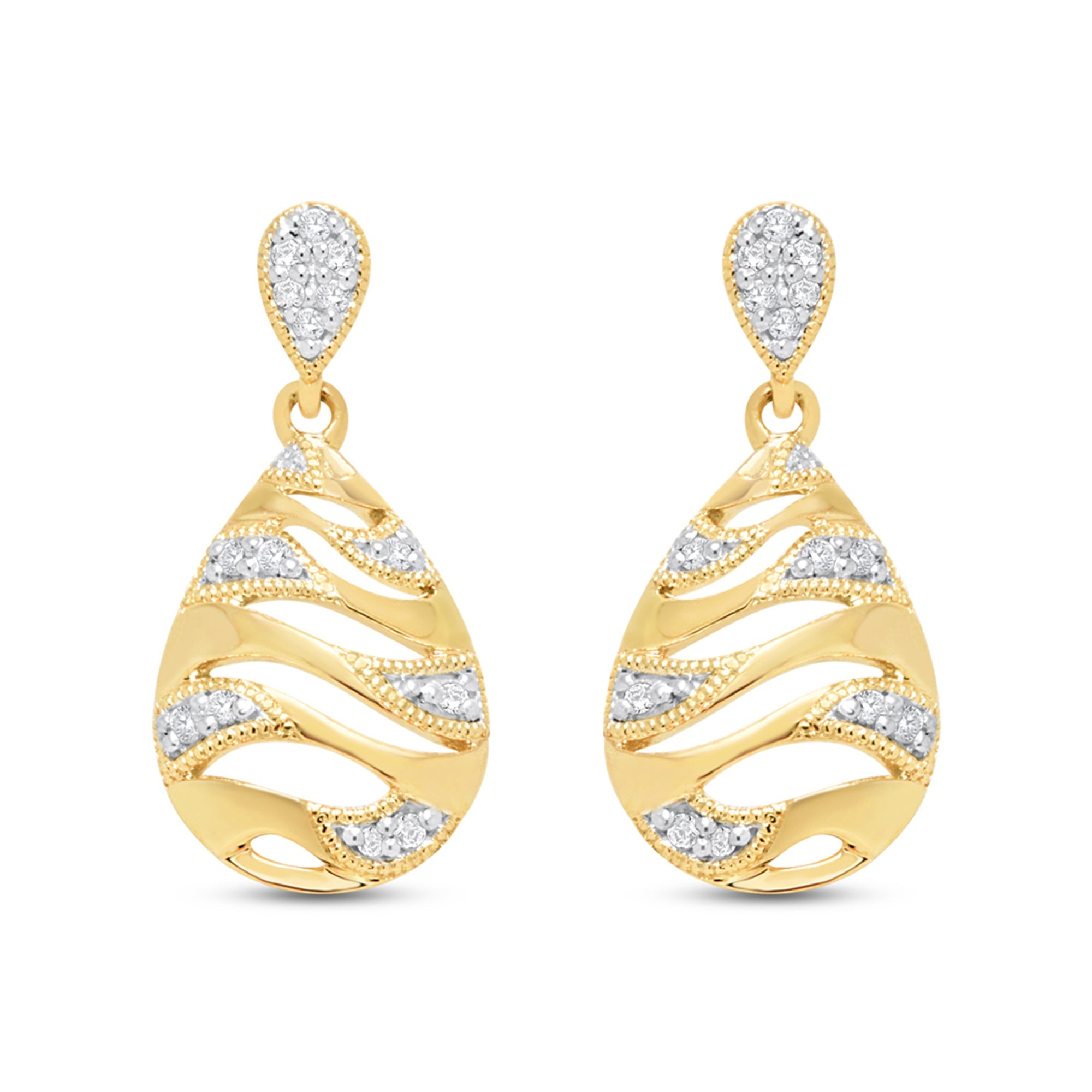 9ct gold wave style pear shape diamond drop earrings 0.10ct