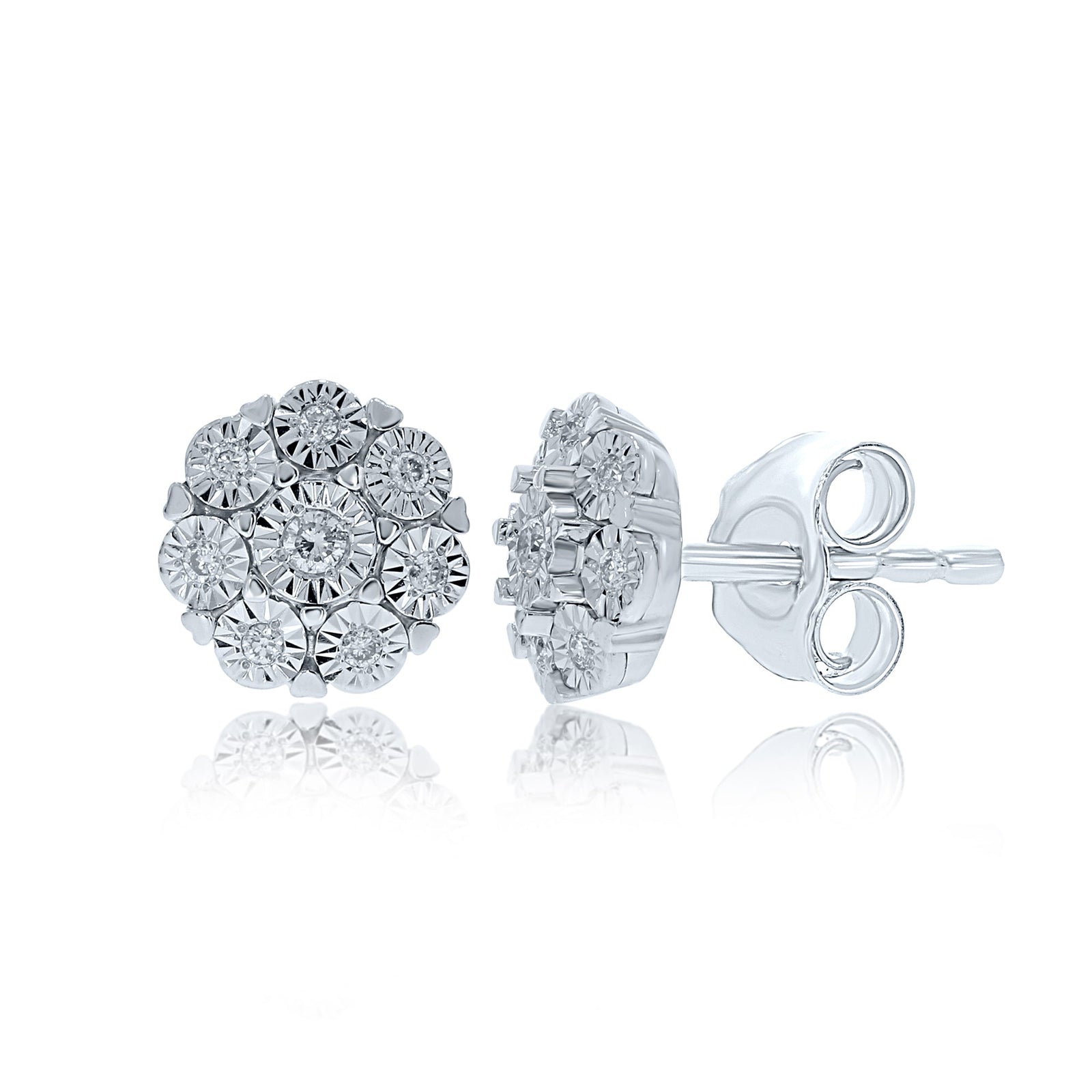 9ct white gold miracle plate diamond set cluster stud earrings 0.08ct