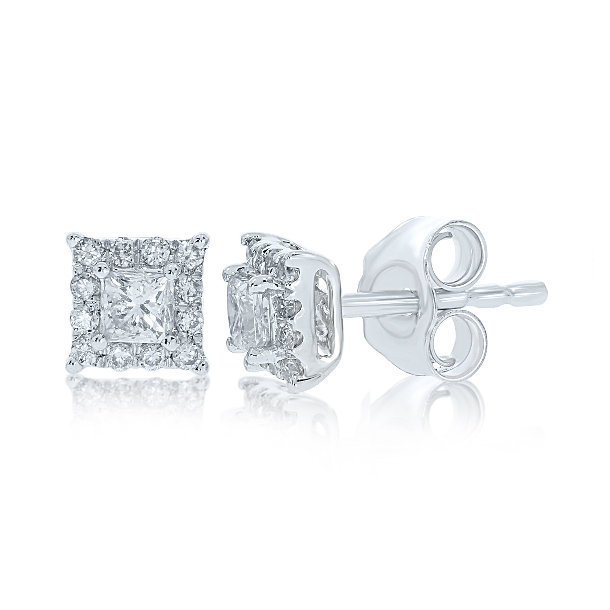 9ct white gold princess cut centre diamond cluster stud earrings 0.28ct