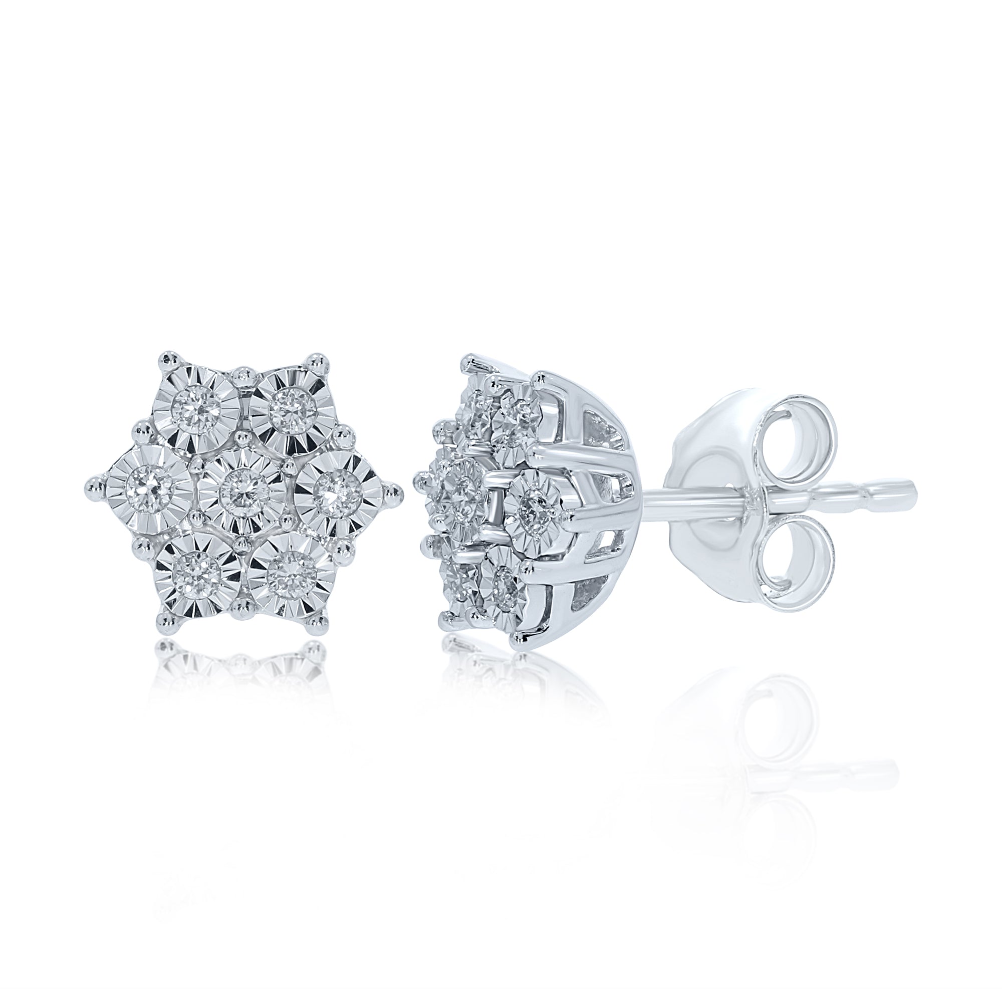 9ct white gold miracle plate diamond set cluster stud earrings 0.11ct