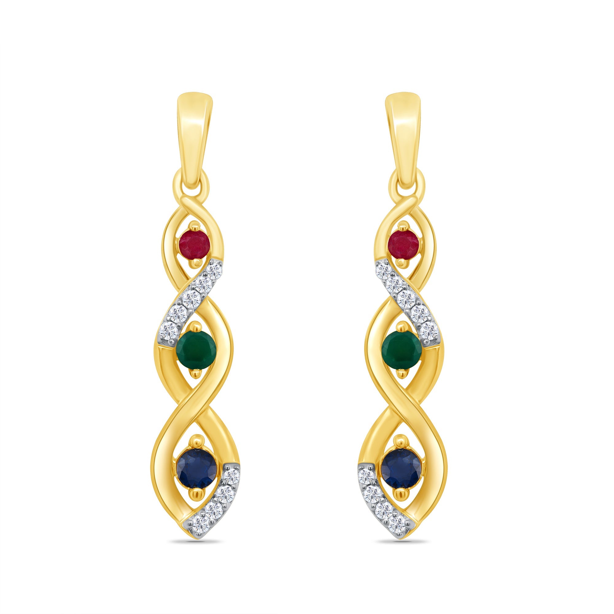9ct gold ruby/sapphire/emerald & diamond drop earrings 0.04ct