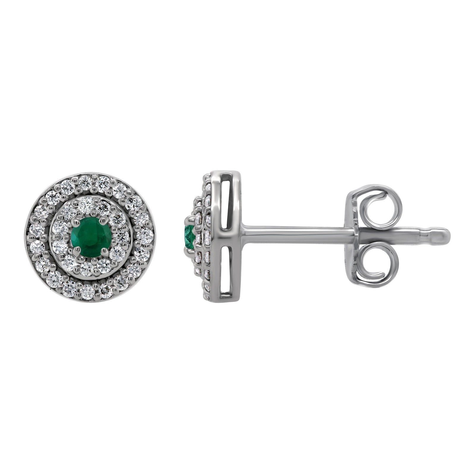 9ct white gold 2.25mm emerald & diamond set double row cluster stud earrings 0.23ct